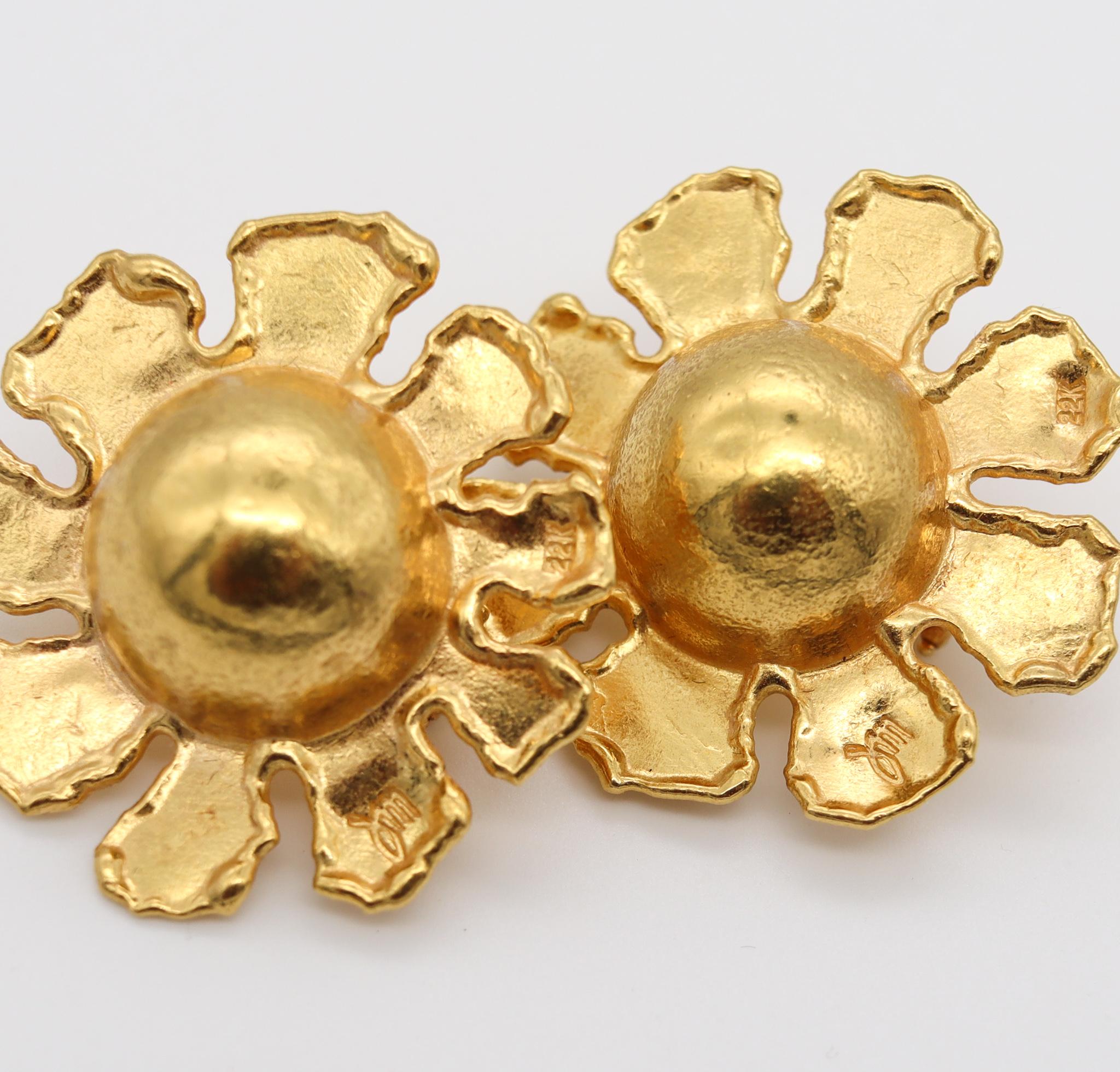 Jean Mahie Paris Rare Vintage Sunburst Earrings in Textured 22Kt Yellow Gold 1