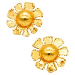 Jean Mahie Paris Rare Vintage Sunburst Earrings in Textured 22Kt Yellow Gold