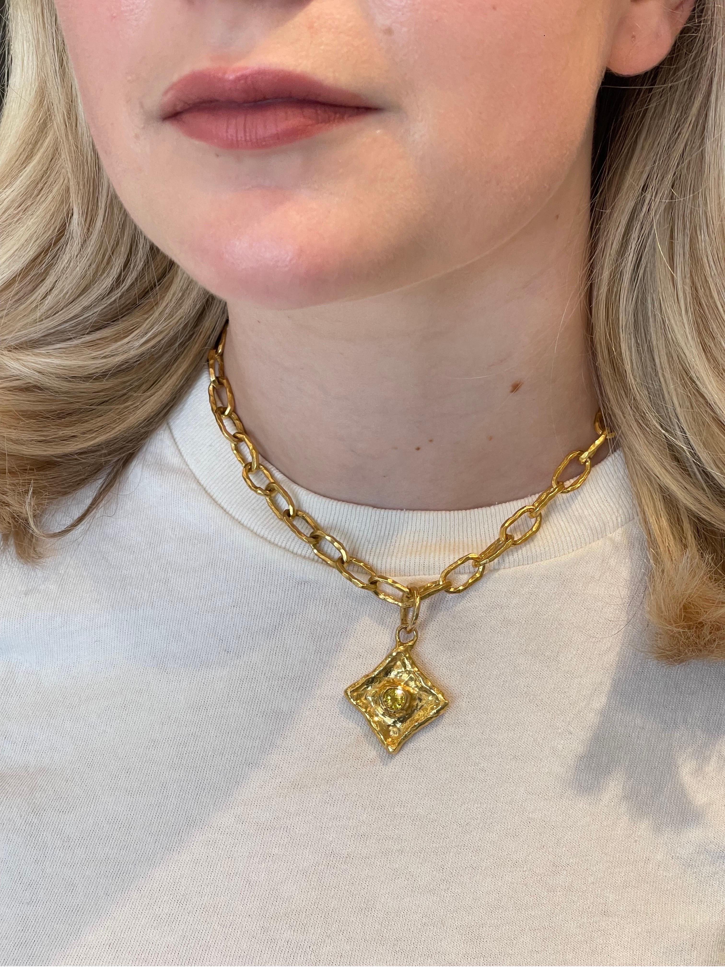 Jean Mahie Square Pendant on Cadene Chain 22K Gold. The pendant features a round yellow sapphire on a 8mm cadene chain that is 16
