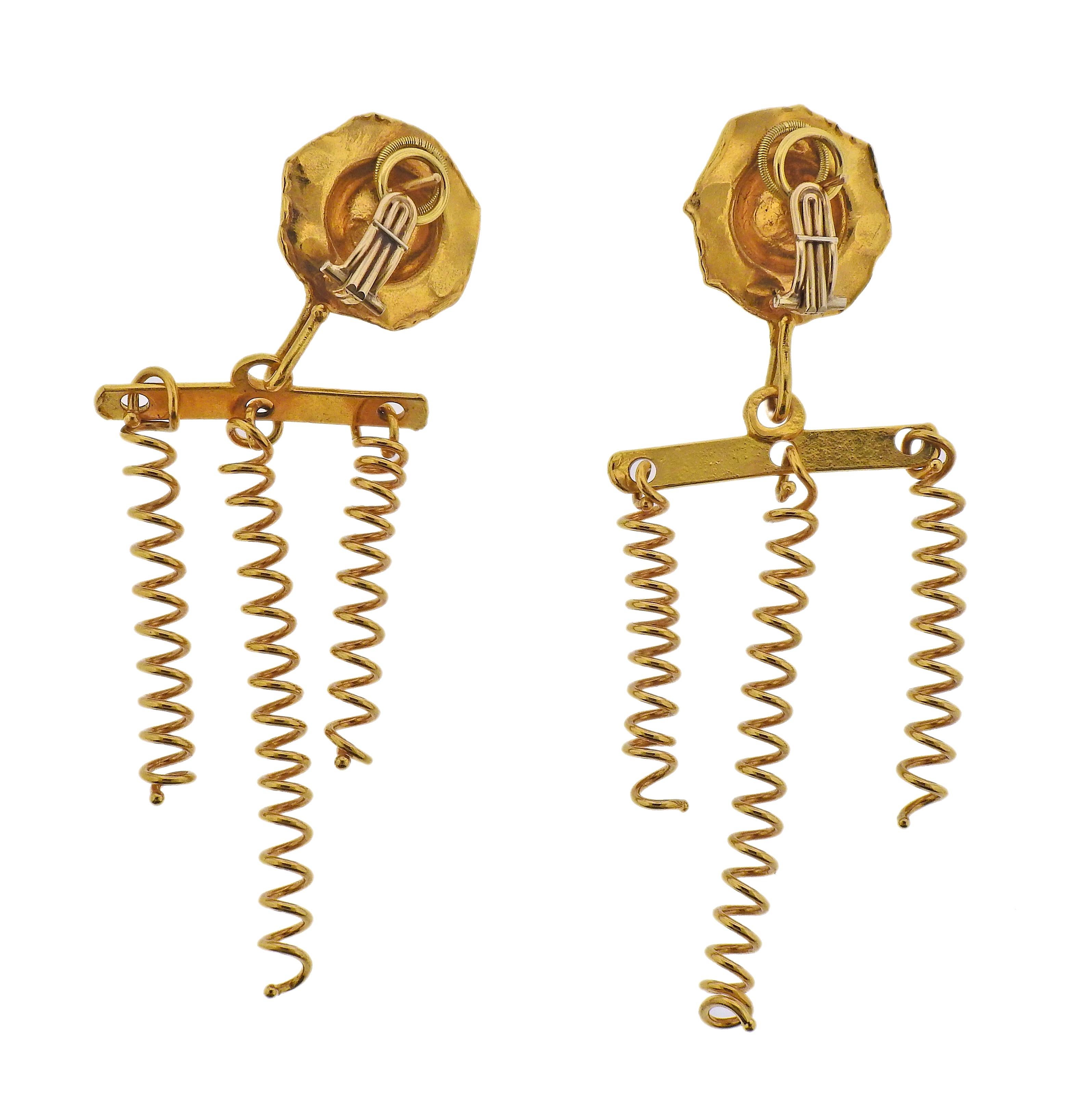 Pair of unique and whimsical spiral drop earrings by Jean Mahie, in 22k gold. Earrings measure 3 3/8