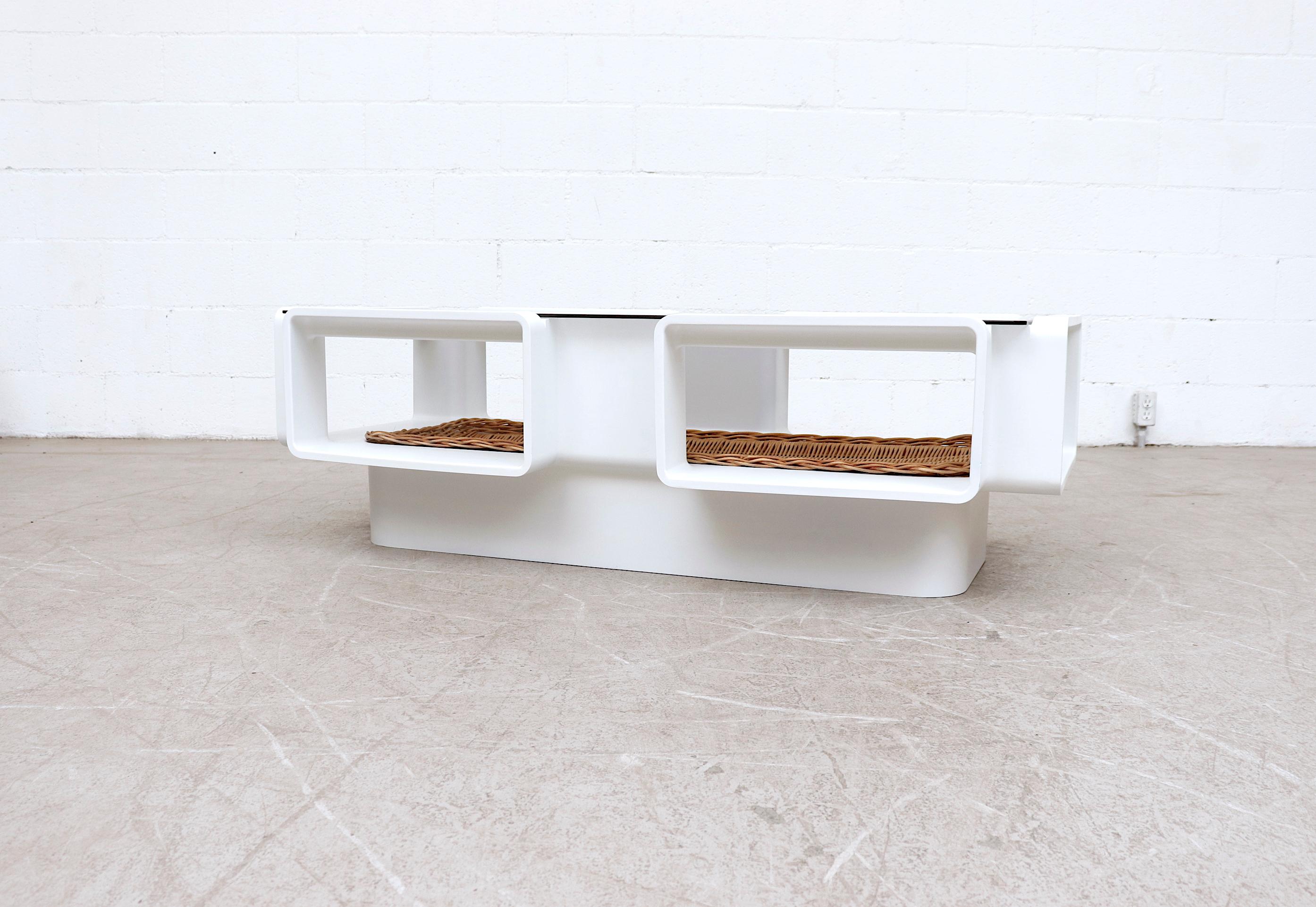 Jean Maneval Mod Space Age Coffee Table with Rattan Basket Storage 3