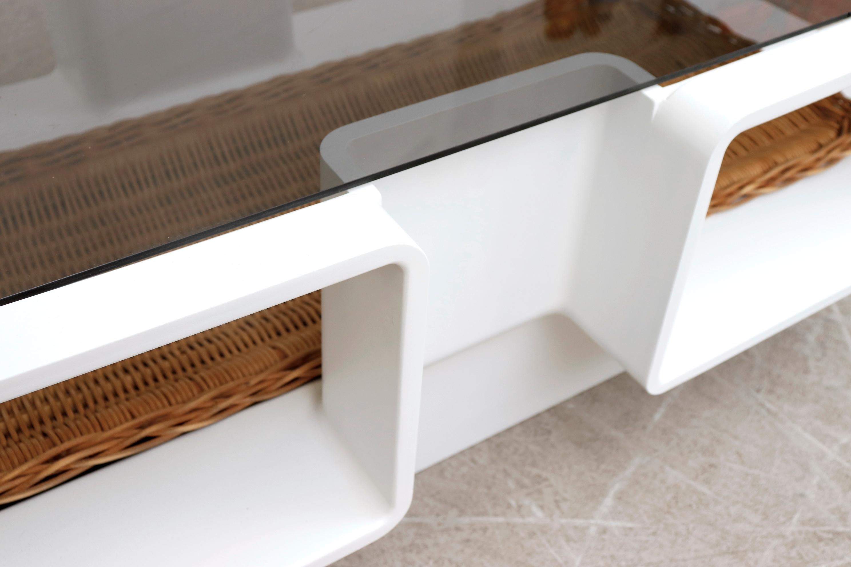 Jean Maneval Mod Space Age Coffee Table with Rattan Basket Storage 4