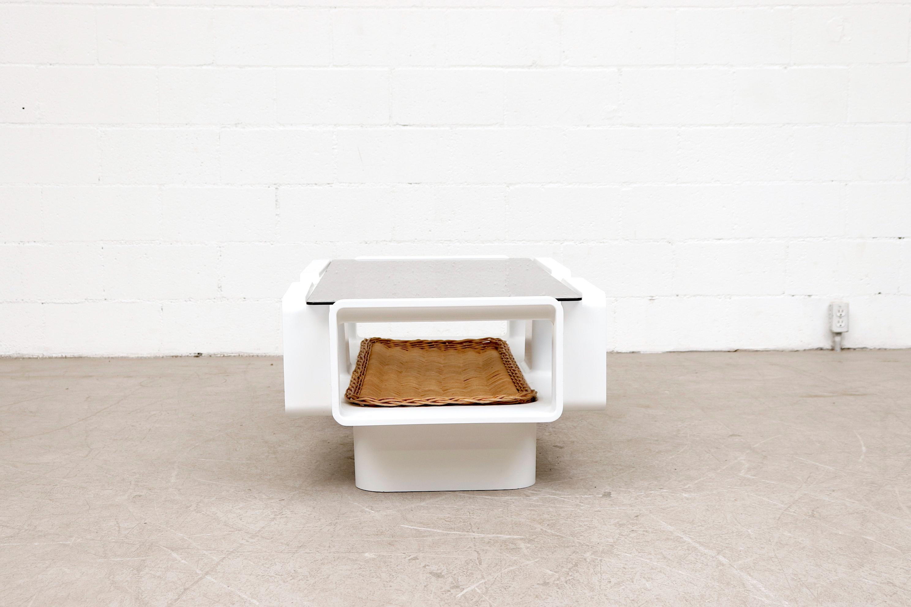 French Jean Maneval Mod Space Age Coffee Table with Rattan Basket Storage