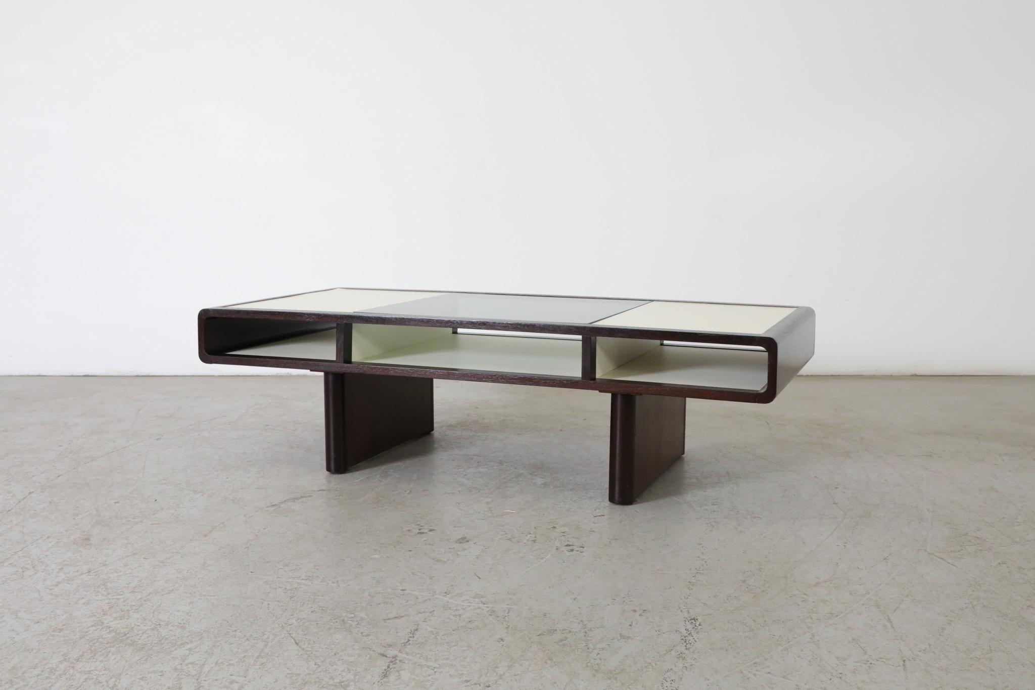 Mid-Century Modern Jean Maneval Style Curved Wenge and White Coffee Table w/ Smoked Glass