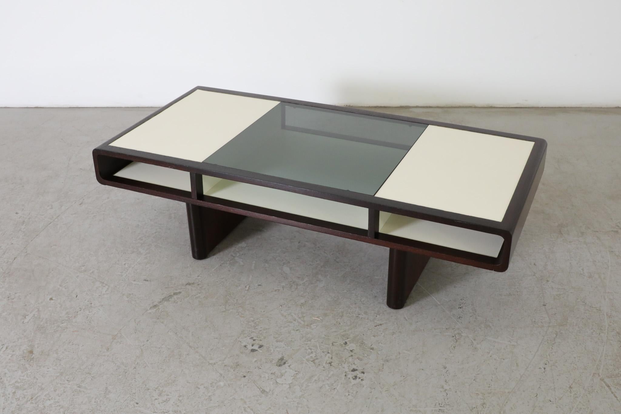 Dutch Jean Maneval Style Curved Wenge and White Coffee Table w/ Smoked Glass For Sale