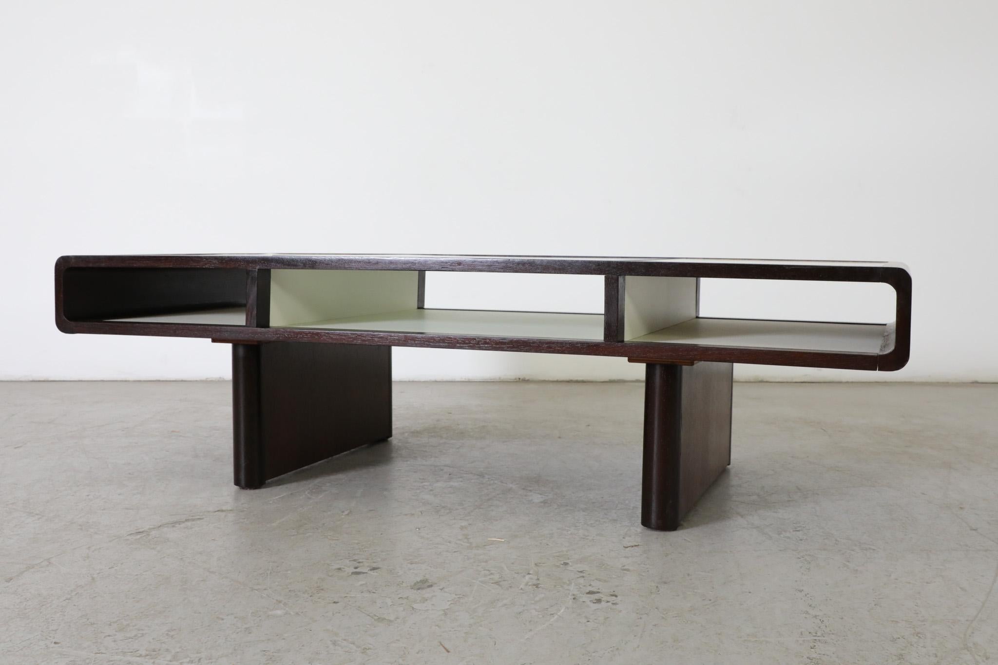 Jean Maneval Style Curved Wenge and White Coffee Table w/ Smoked Glass In Good Condition For Sale In Los Angeles, CA