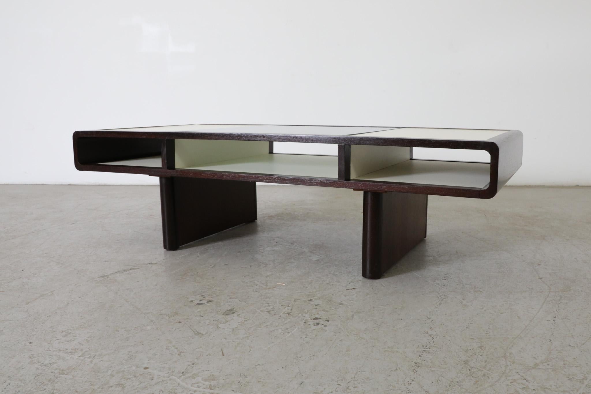 Late 20th Century Jean Maneval Style Curved Wenge and White Coffee Table w/ Smoked Glass For Sale