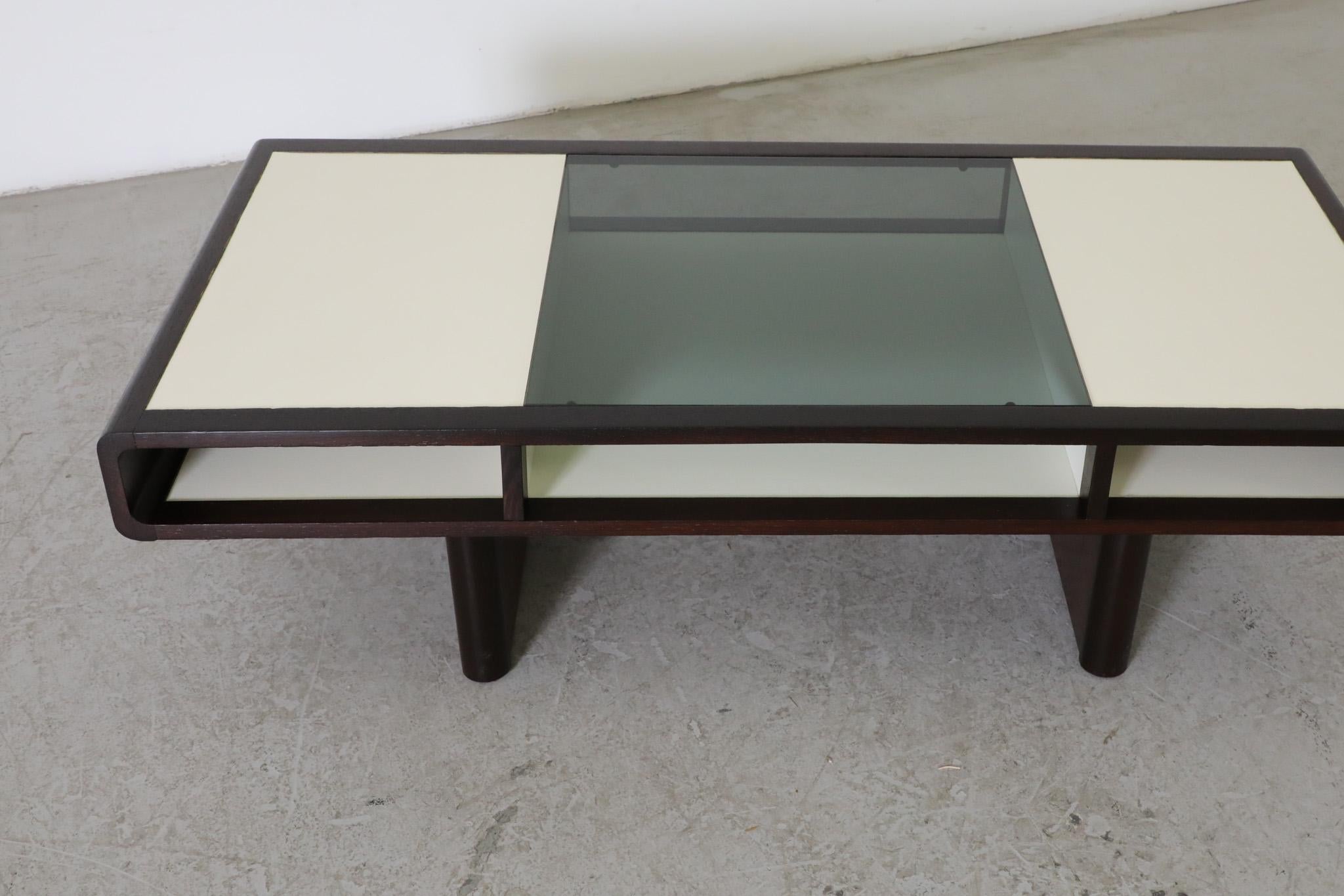 Jean Maneval Style Curved Wenge and White Coffee Table w/ Smoked Glass For Sale 1