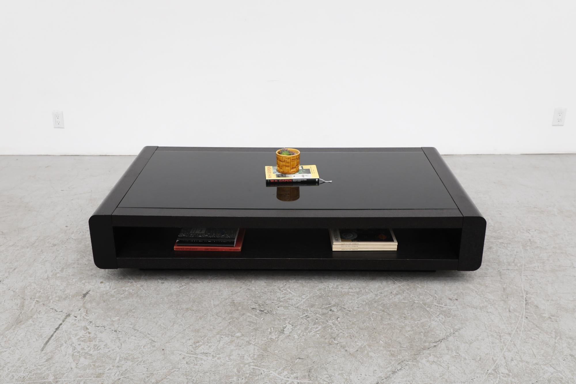 Dutch Jean Maneval Style Low Black Glass and Dark Wenge Coffee Table with Lower Shelf For Sale