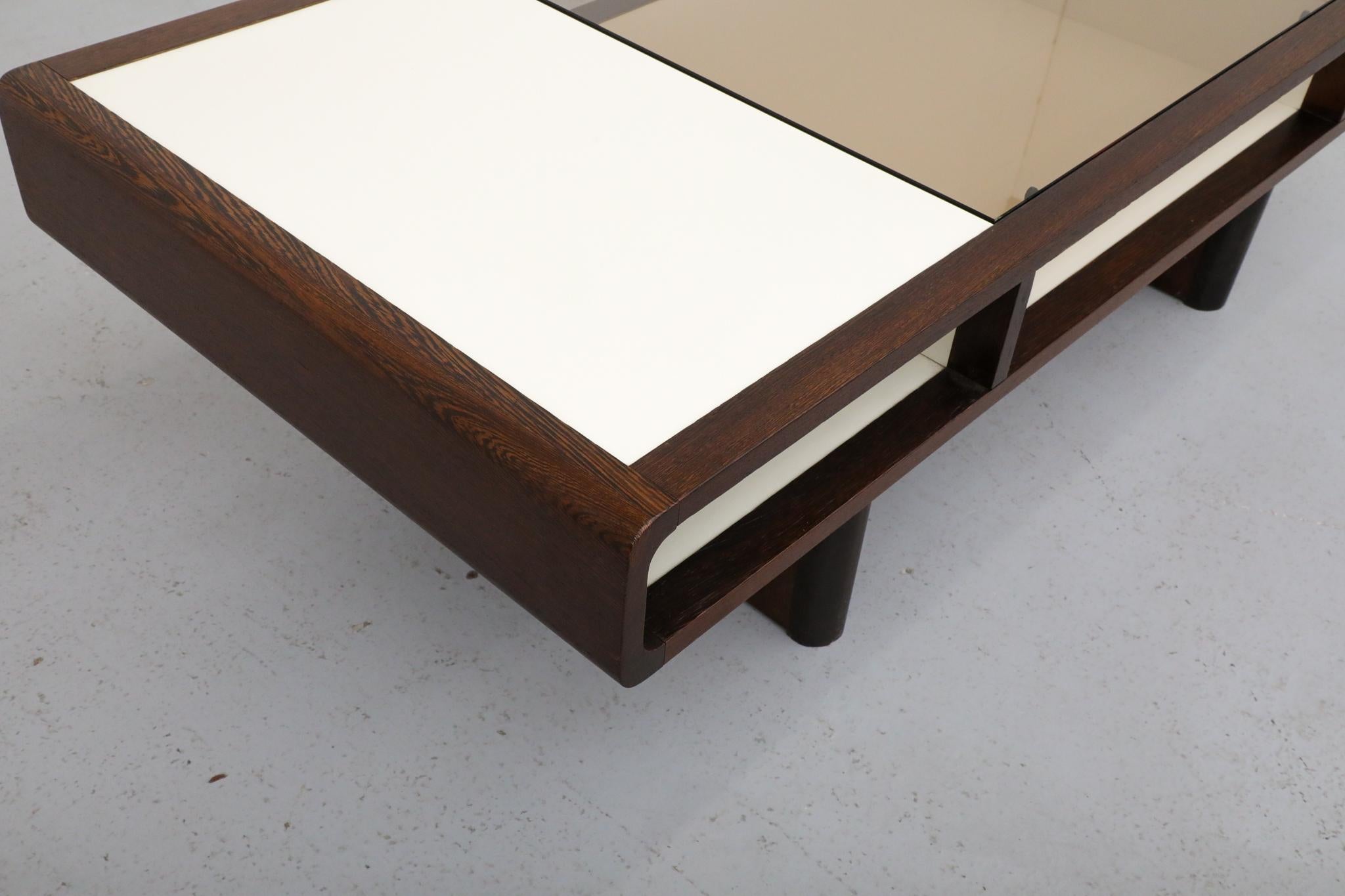 Jean Maneval Style Wenge and White Coffee Table with Storage and Bronzed Glass For Sale 6