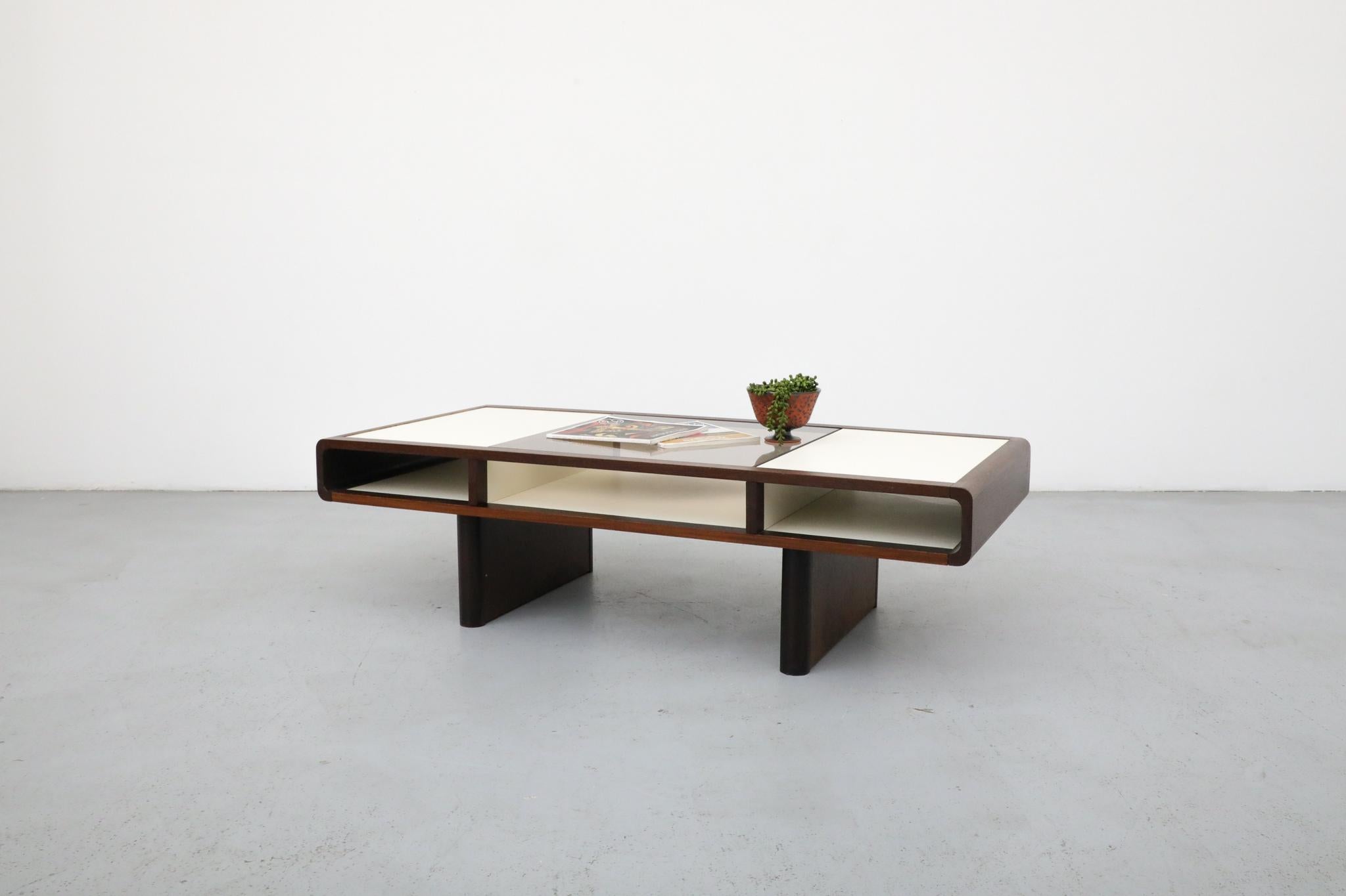 Space Age Jean Maneval Style Wenge and White Coffee Table with Storage and Bronzed Glass For Sale