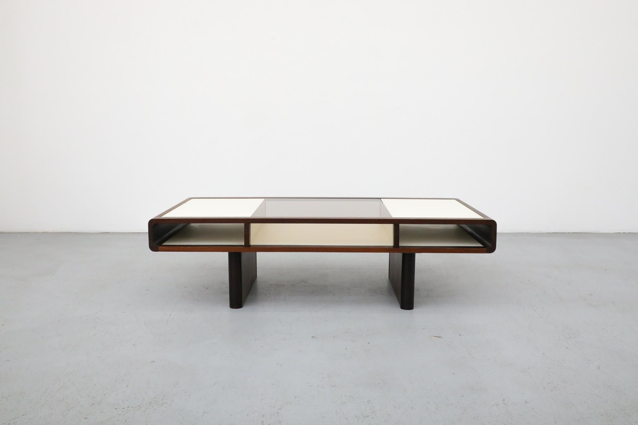 Dutch Jean Maneval Style Wenge and White Coffee Table with Storage and Bronzed Glass For Sale