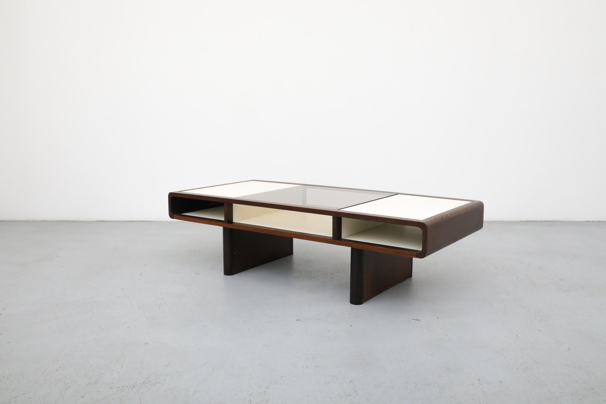 Jean Maneval Style Wenge and White Coffee Table with Storage and Bronzed Glass In Good Condition For Sale In Los Angeles, CA