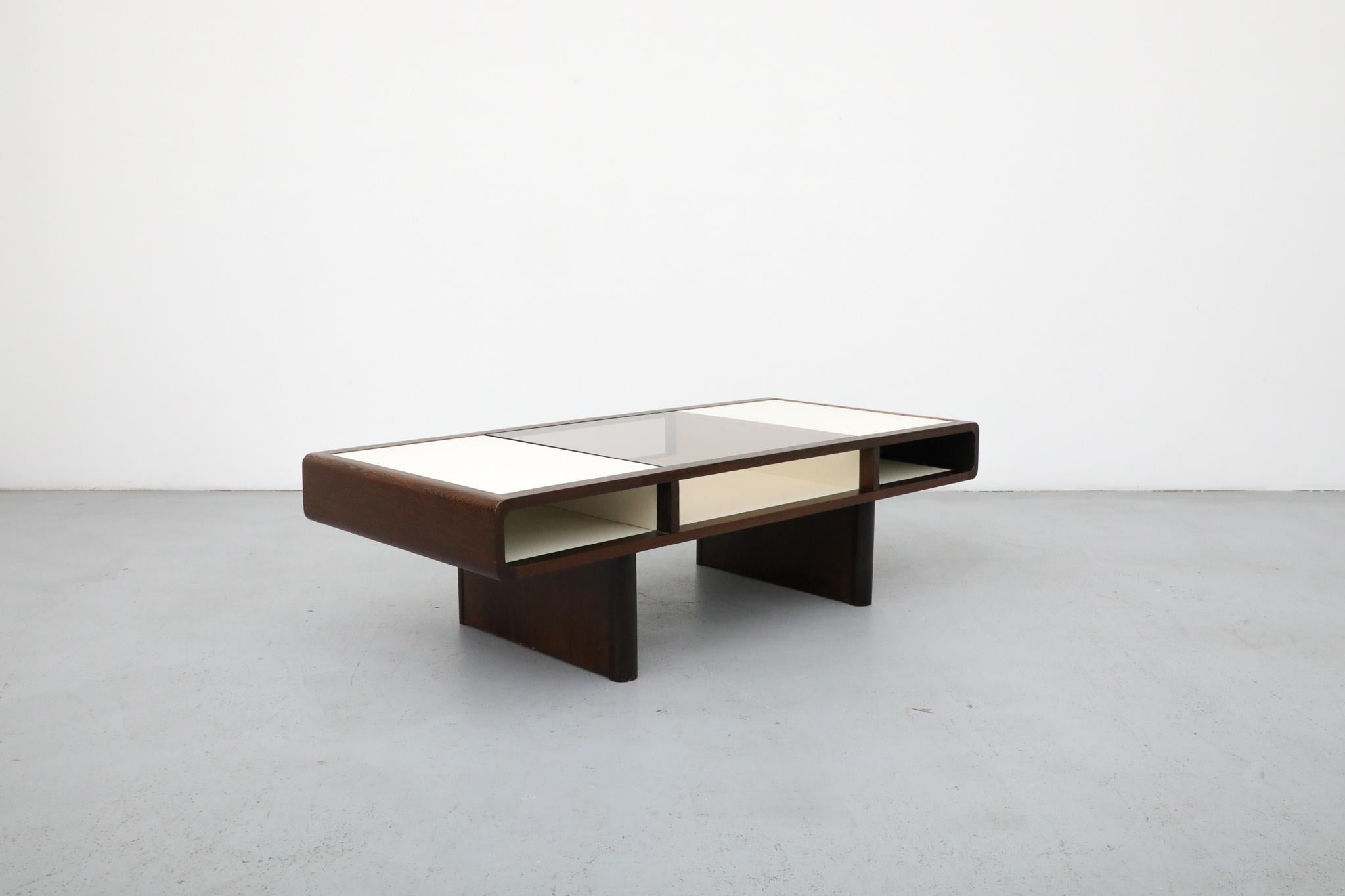 Jean Maneval Style Wenge and White Coffee Table with Storage and Bronzed Glass For Sale 1