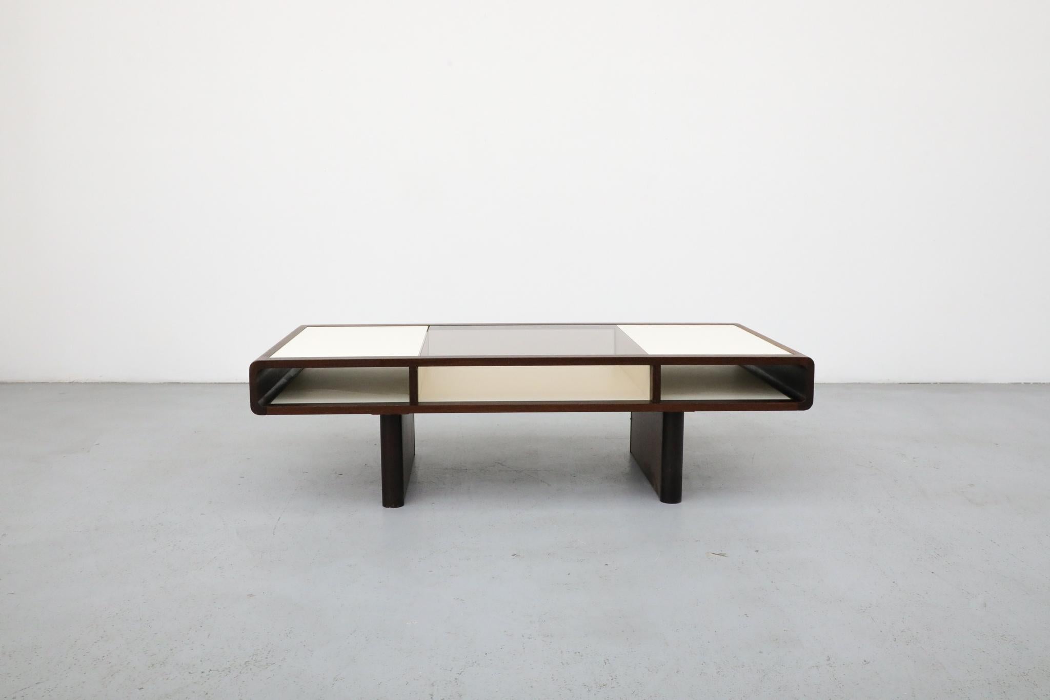 Jean Maneval Style Wenge and White Coffee Table with Storage and Bronzed Glass For Sale 2