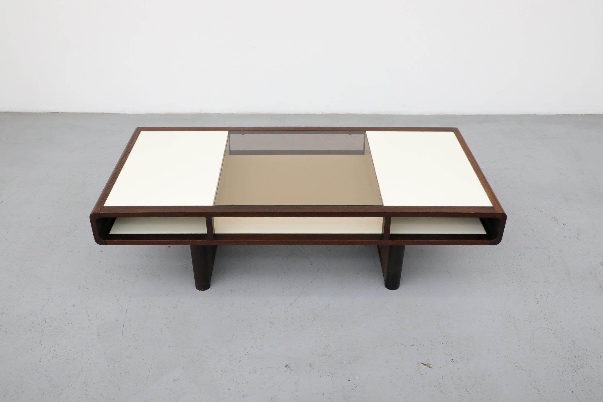 Jean Maneval Style Wenge and White Coffee Table with Storage and Bronzed Glass For Sale 3
