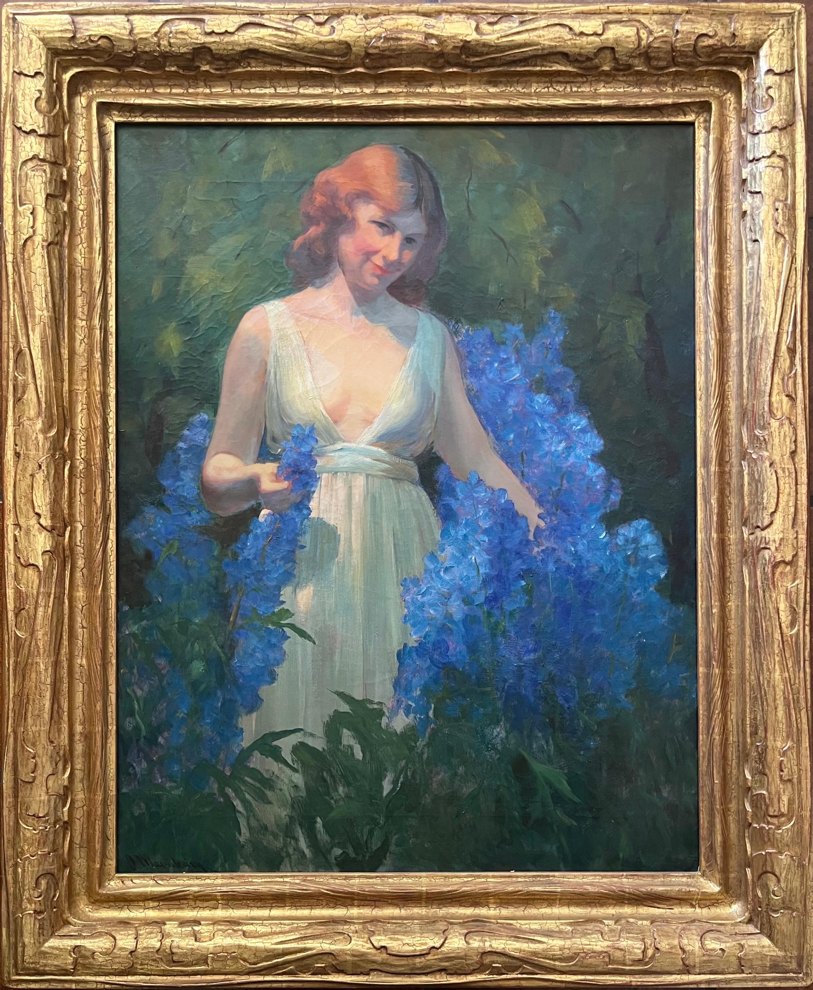 Unter den Hollyhocks – Painting von Jean Mannheim
