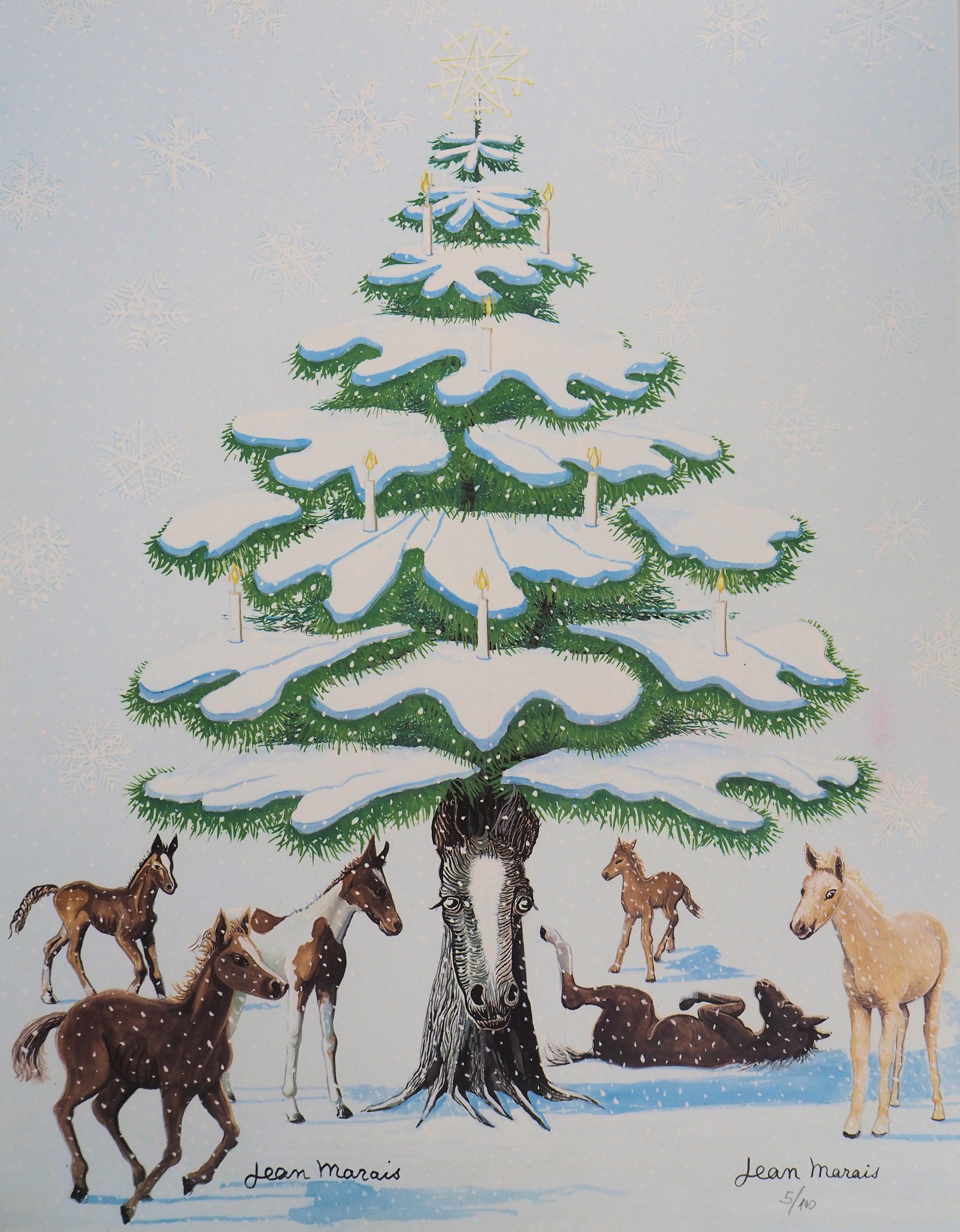 Christmas Tree and Horses - Lithograph, Ltd 100 copies - Print by Jean Marais