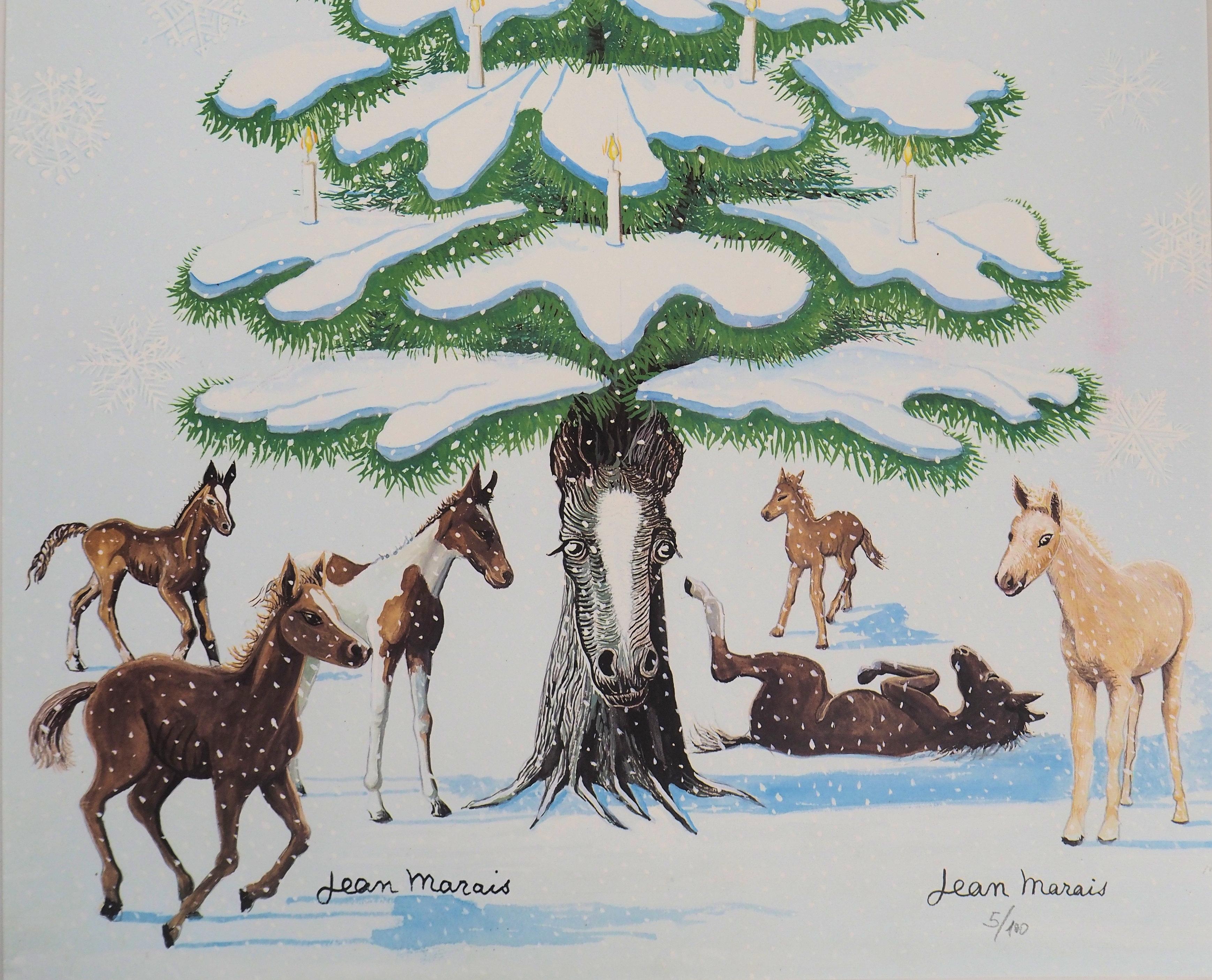 Christmas Tree and Horses - Lithograph, Ltd 100 copies - Modern Print by Jean Marais