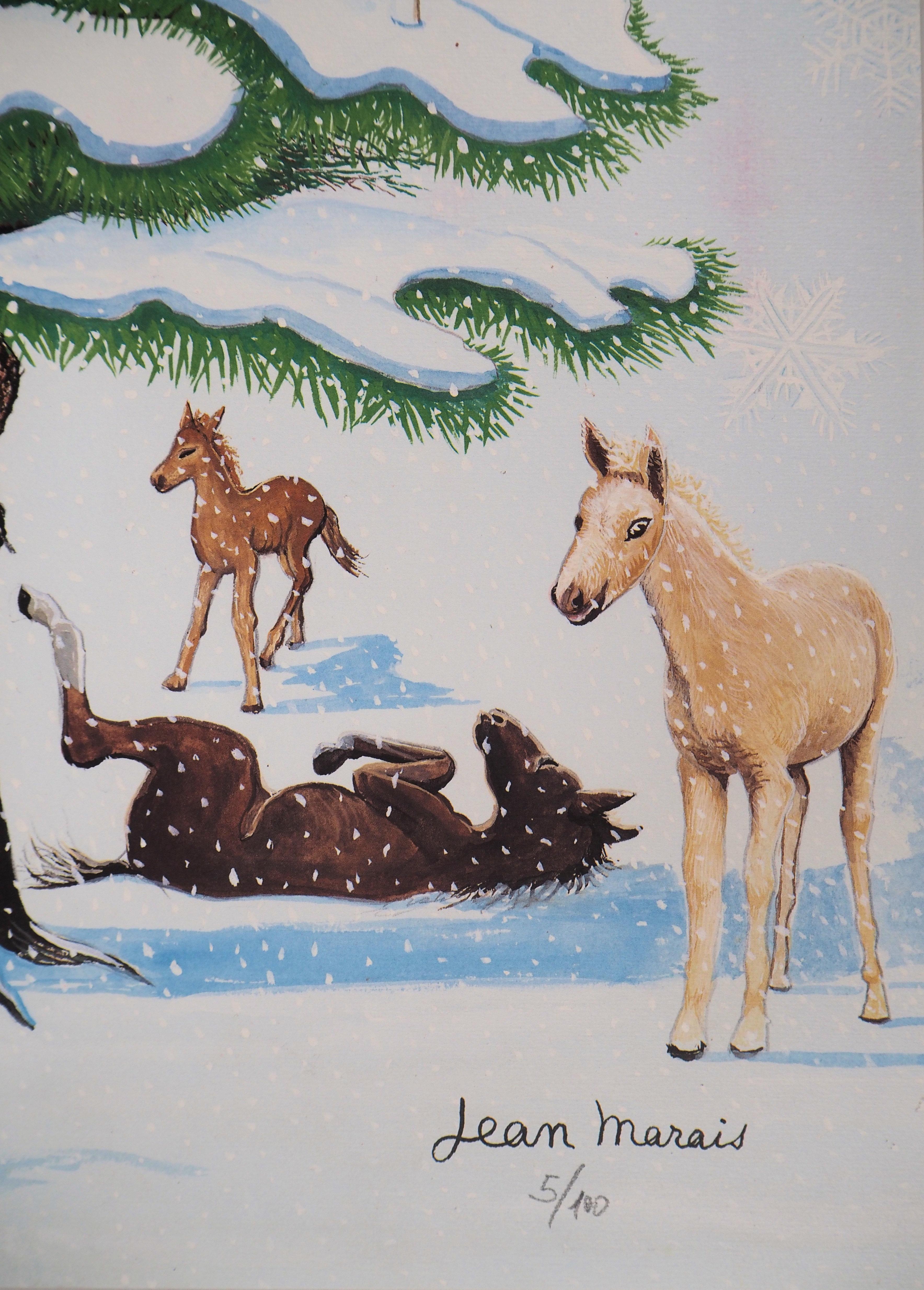Christmas Tree and Horses - Lithograph, Ltd 100 copies - Gray Figurative Print by Jean Marais