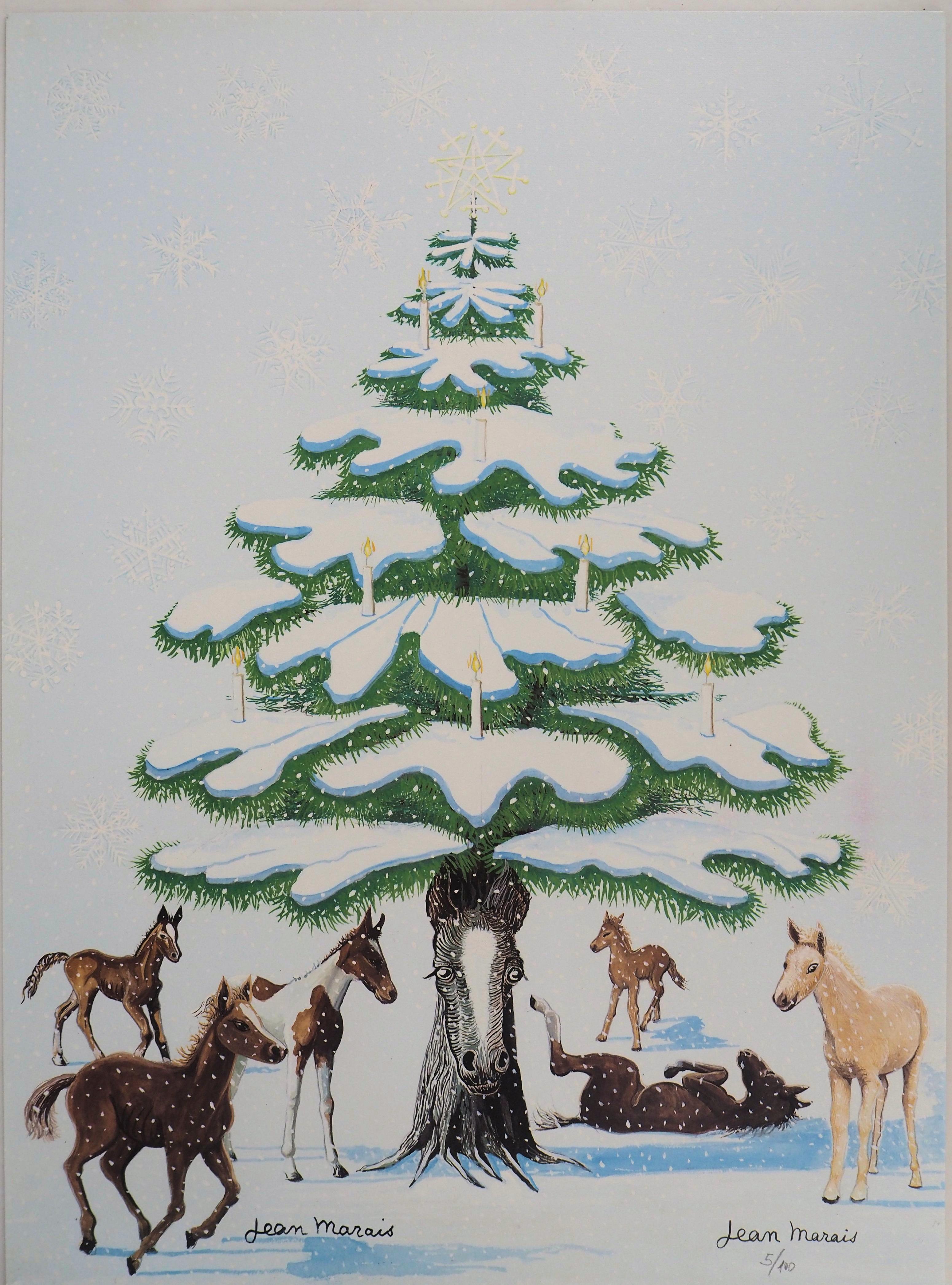 Jean Marais Figurative Print - Christmas Tree and Horses - Lithograph, Ltd 100 copies