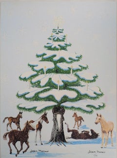 Vintage Christmas Tree and Horses - Lithograph, Ltd 100 copies