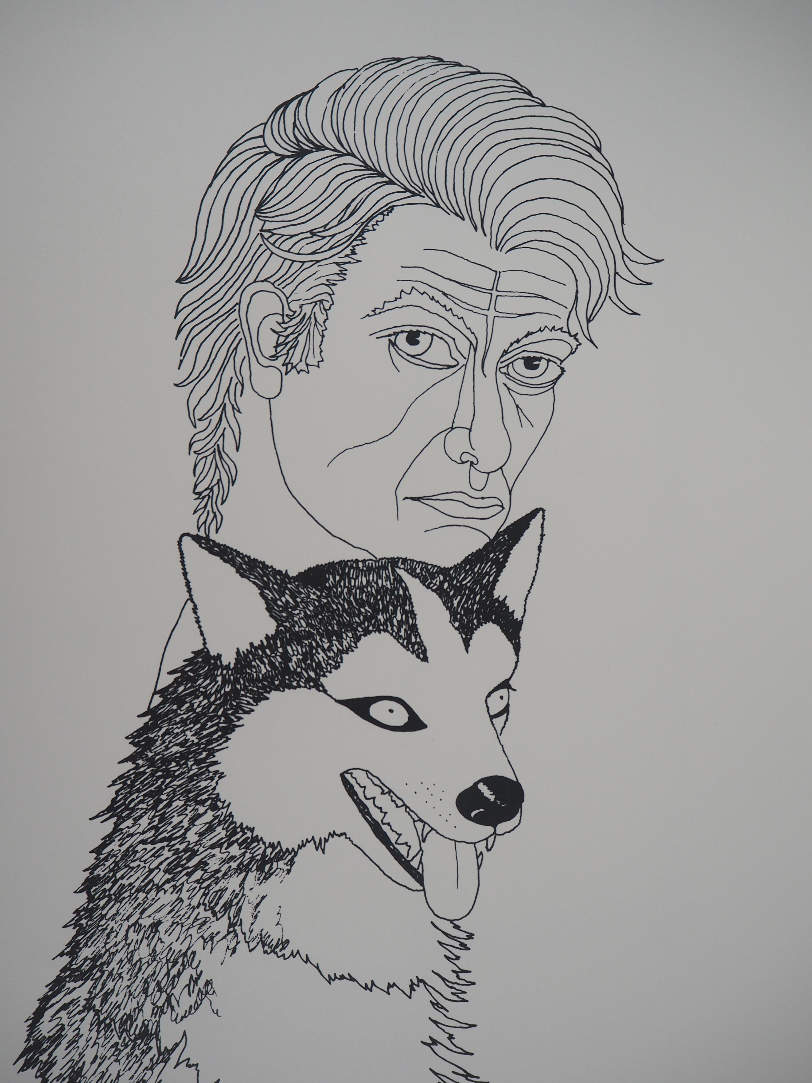Autoritratto con cane Husky - Litografia, Ltd 50 copie - Print Moderno di Jean Marais