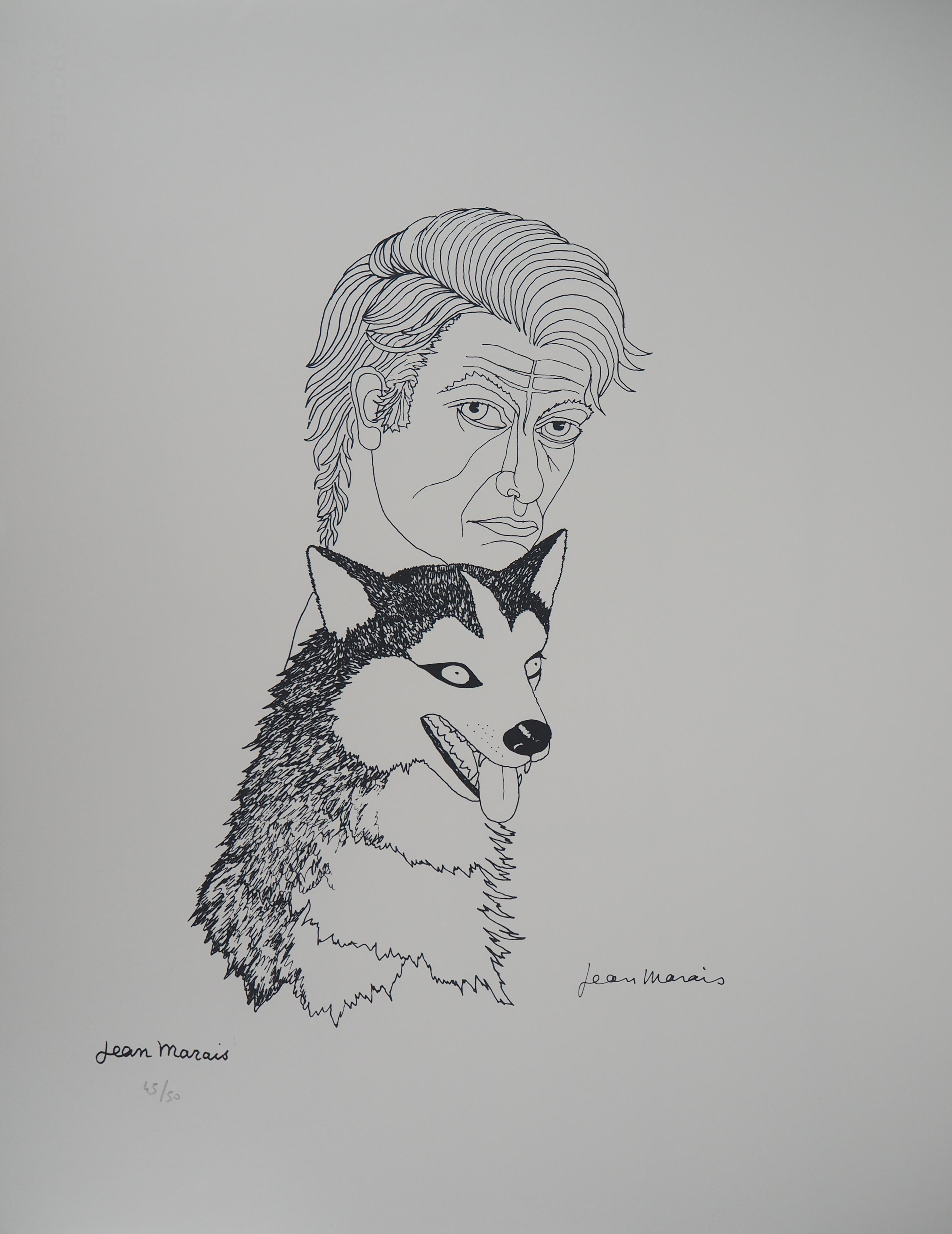 Jean Marais Animal Print - Selfportrait with a Husky Dog - Lithograph, Ltd 50 copies