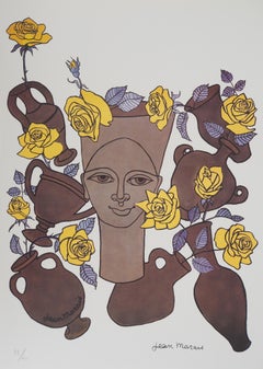 Femme, Fleurs et Poterie - Lithographie - Numéroté / 100