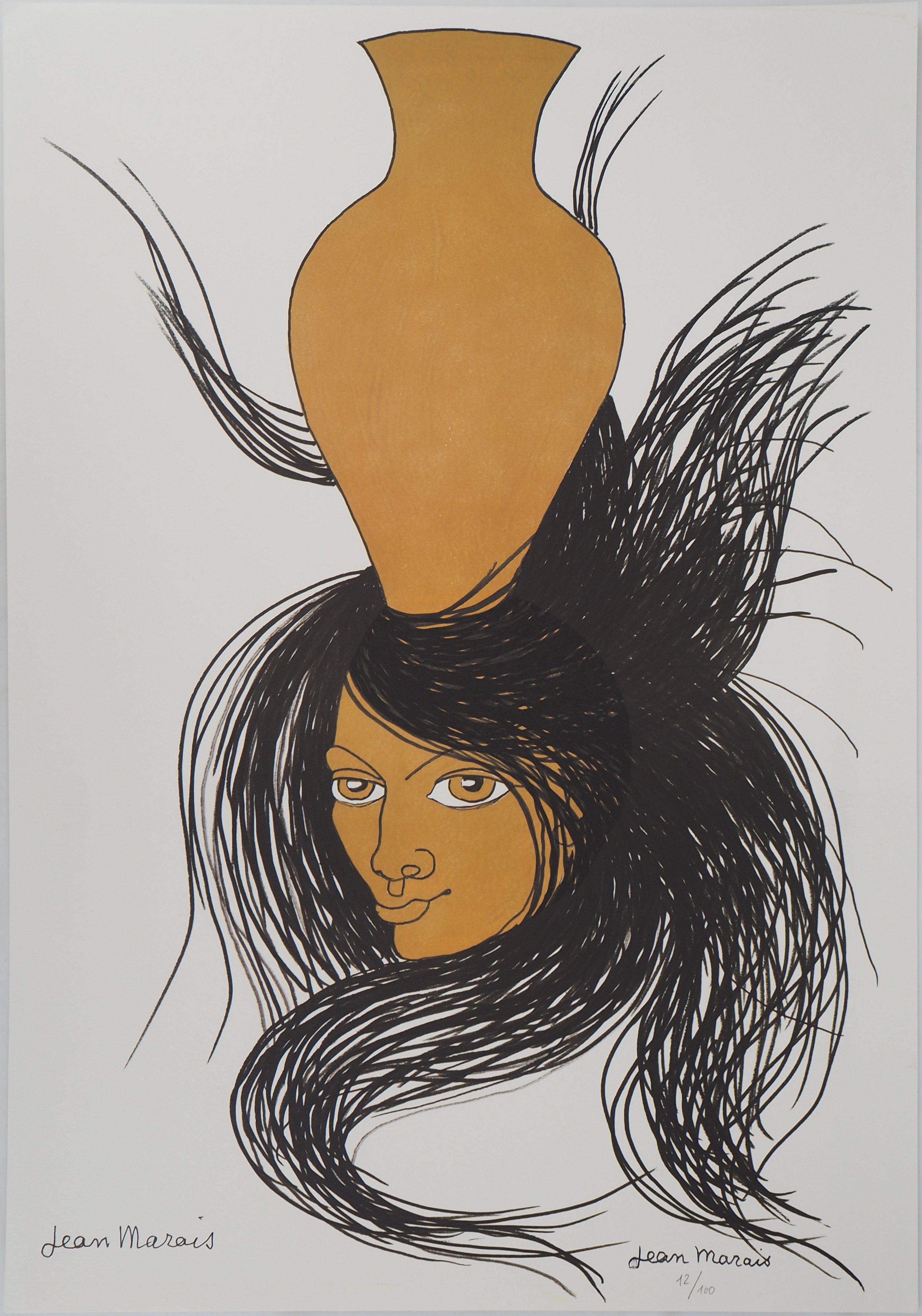 Jean Marais Figurative Print – Frau mit einer Vase, signierte Lithografie