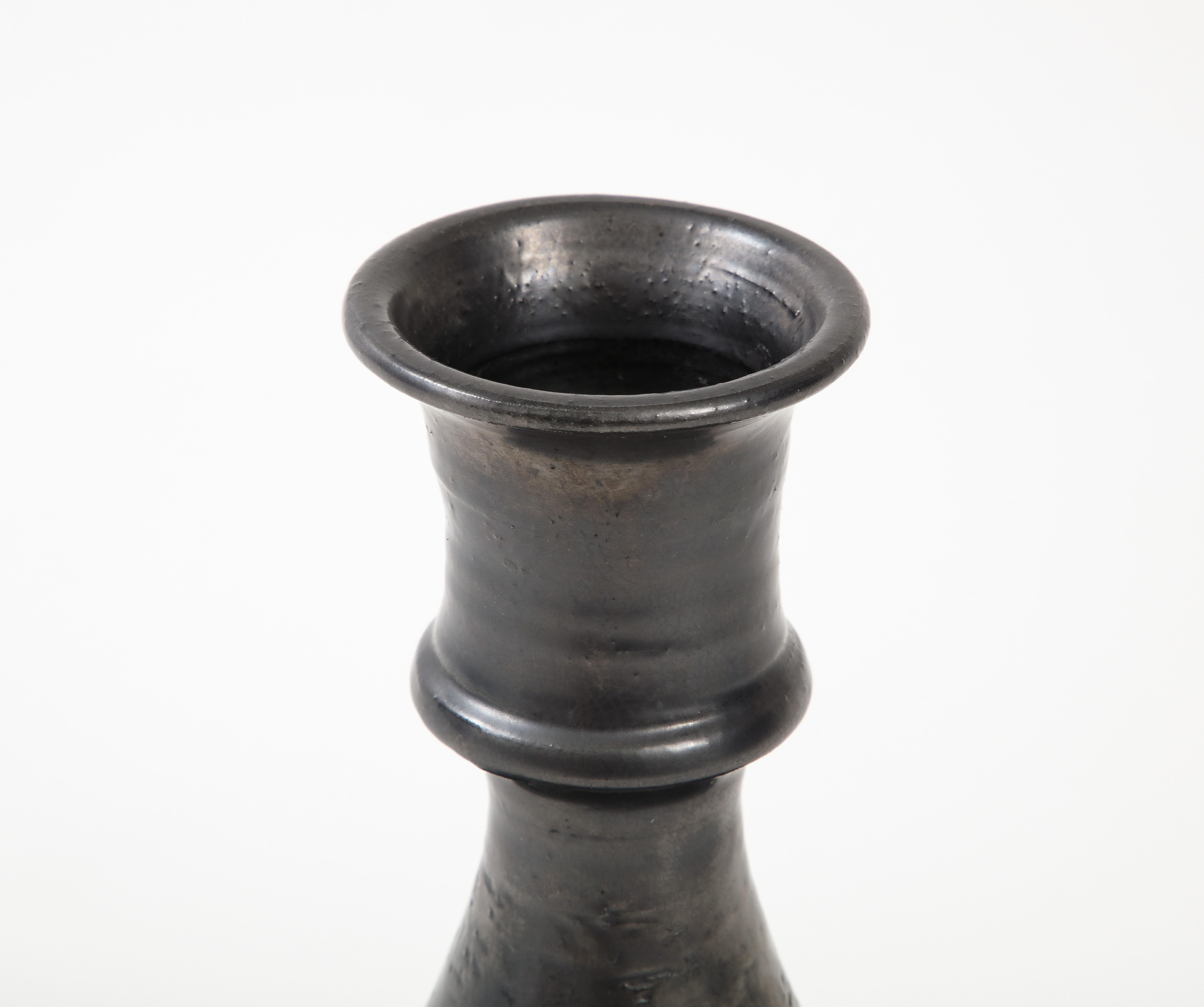 Jean Marais Black Enamel Glaze Ceramic Candlestick France, C. 1950, Signed For Sale 3