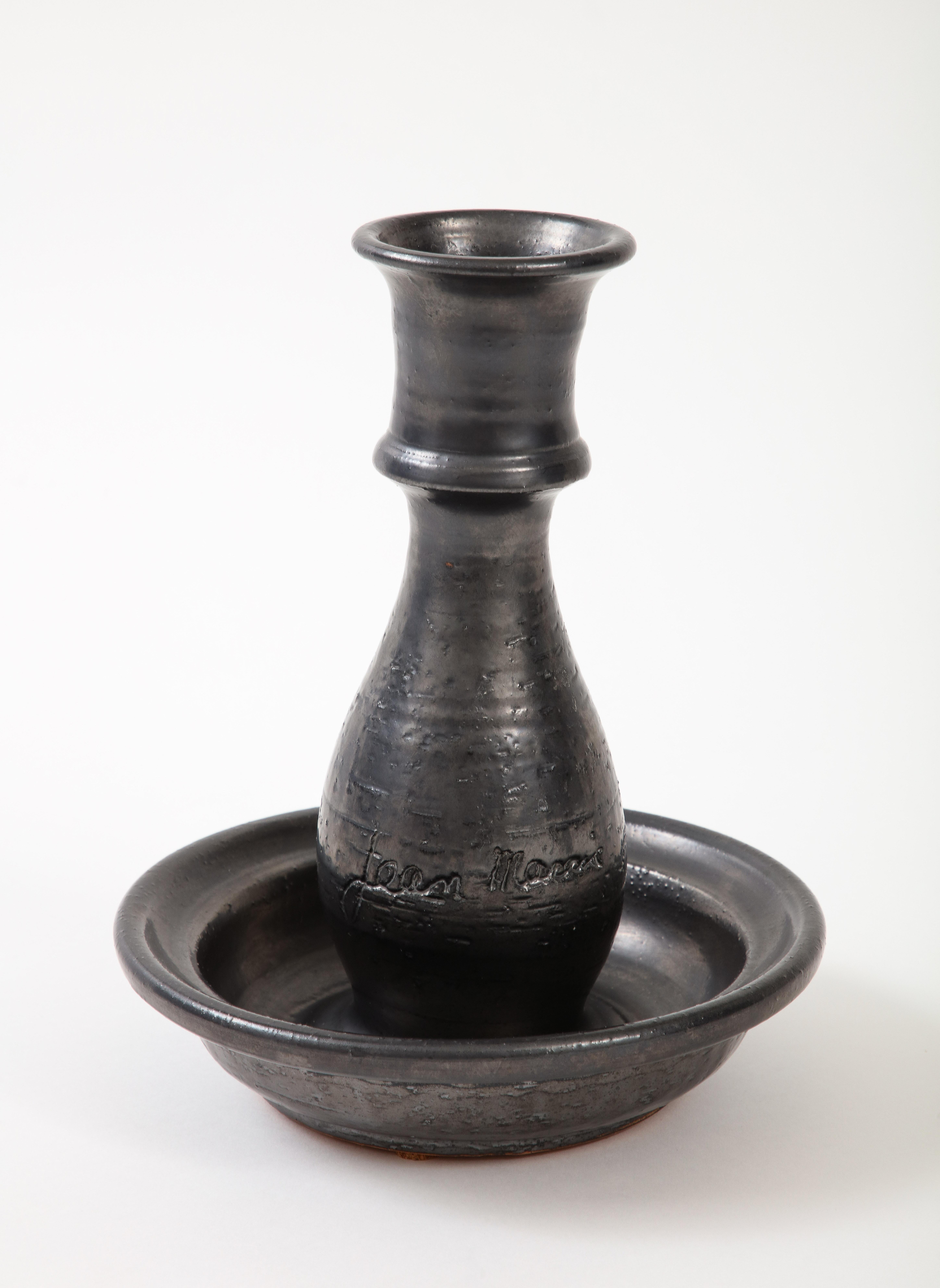 Mid-Century Modern Jean Marais Black Enamel Glaze Ceramic Candlestick France, C. 1950, Signed For Sale