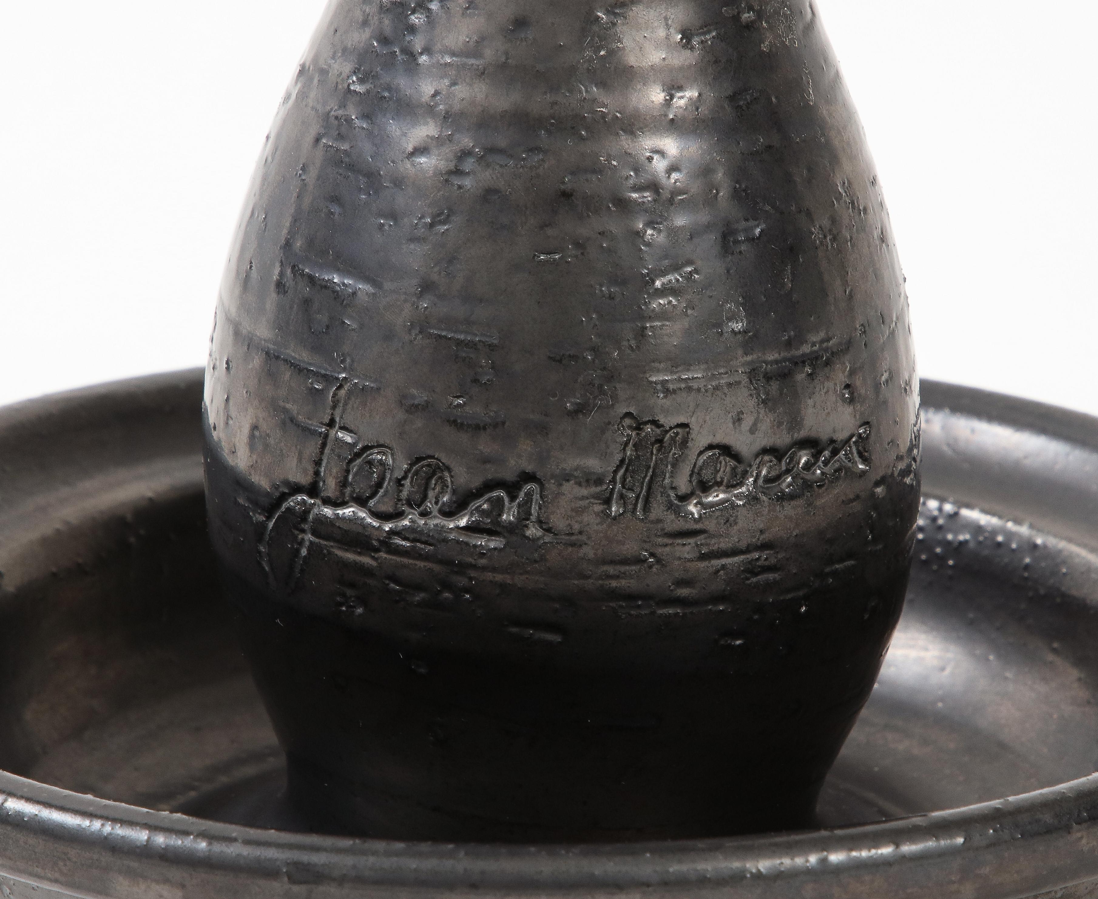 French Jean Marais Black Enamel Glaze Ceramic Candlestick France, C. 1950, Signed For Sale