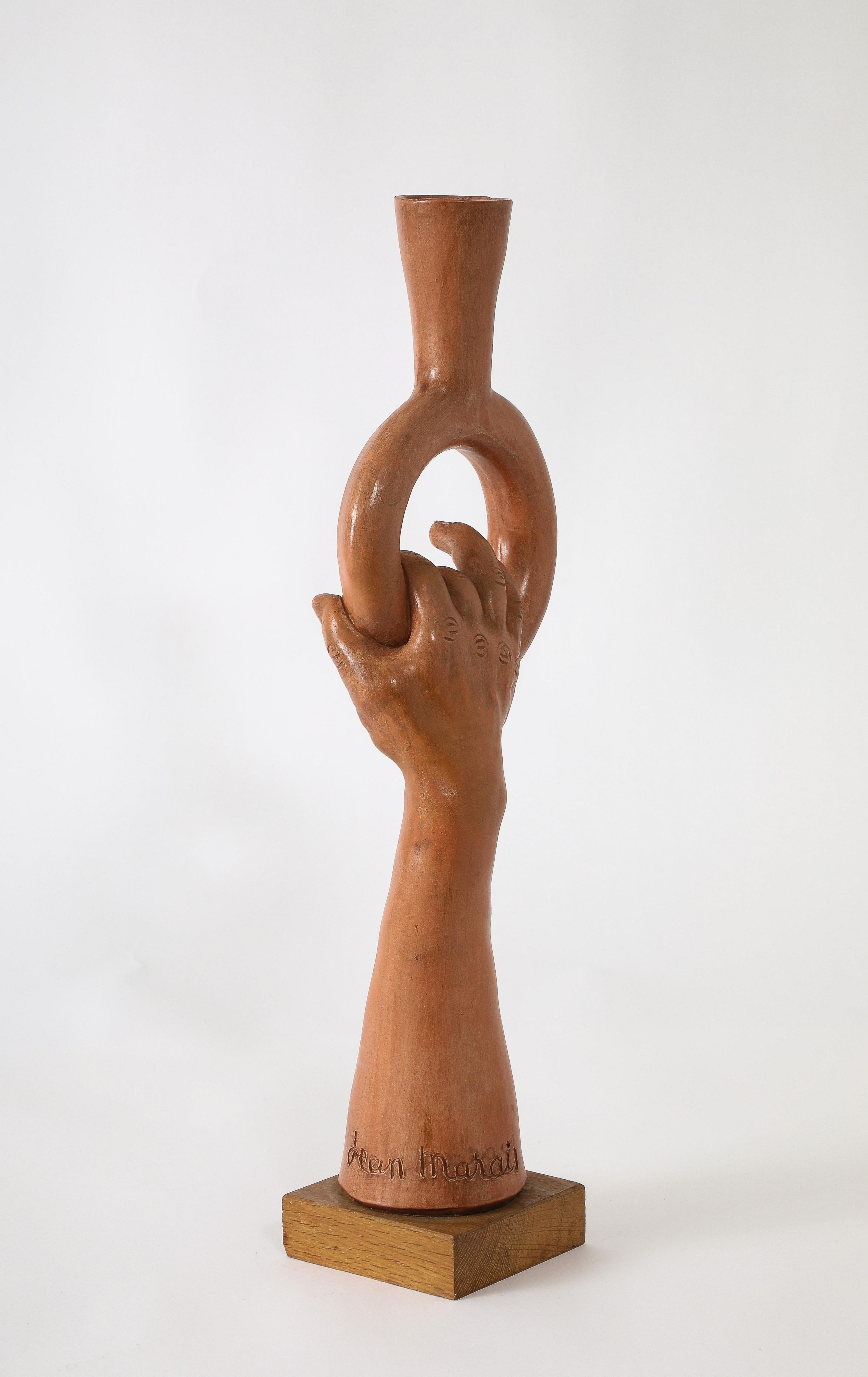 Terracotta Jean Marais Hand Lamp, France 1950's For Sale