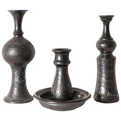  Jean Marais Set of Three Black Enamel Glaze Ceramic Candlesticks and Vases