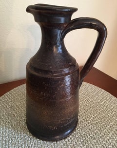 Jean Marais Signed Black Brown Enamelled Ceramic Pitcher, 1960s French Vallauris