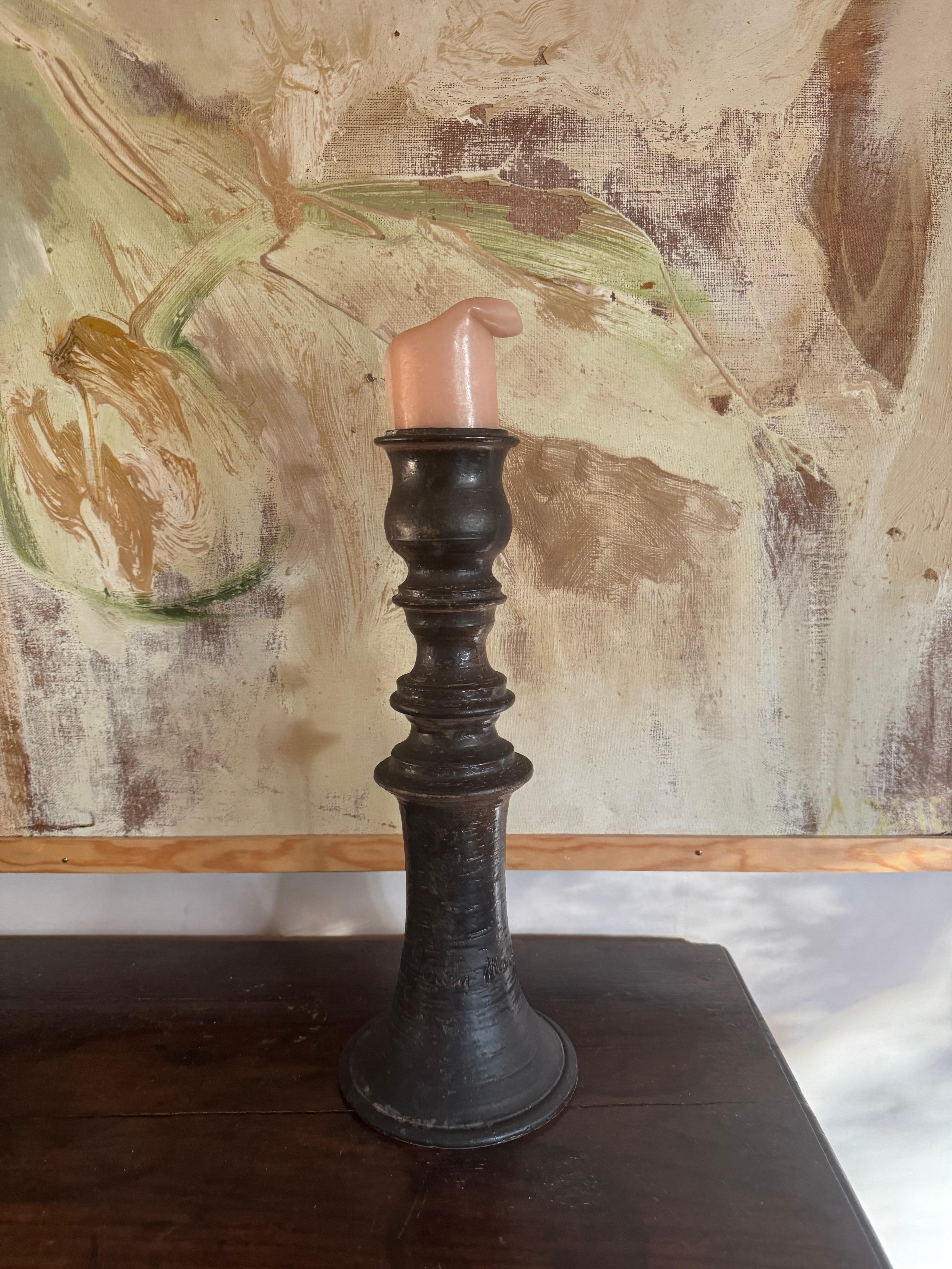 XX secolo Candeliere alto in ceramica smaltata nera di Jean Marais in vendita