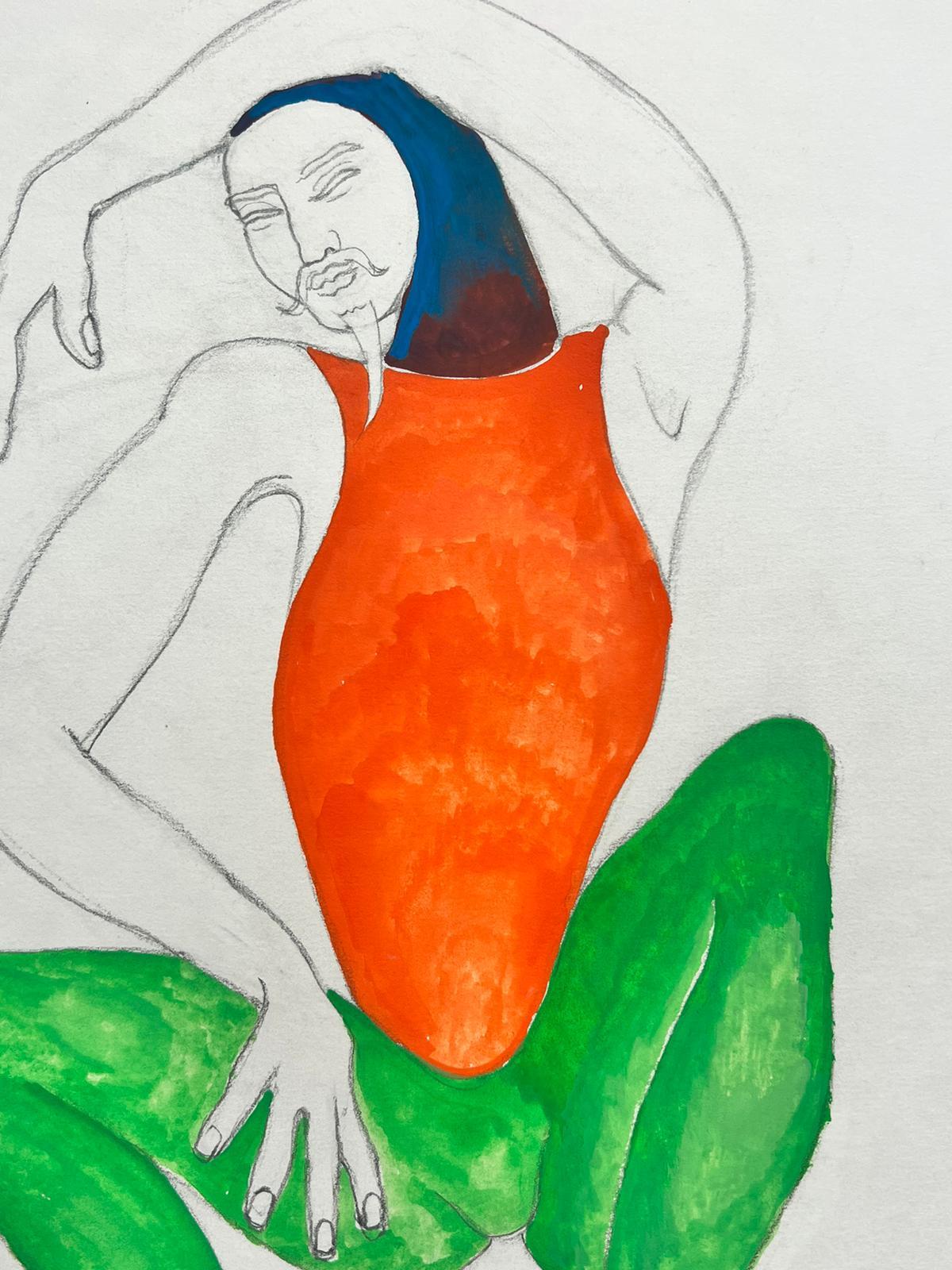 PINTURA MODERNISTA FRANCESA DEL SIGLO XX - Figura Estilo Yoga Pantalones Verdes - Painting de Jean Marc