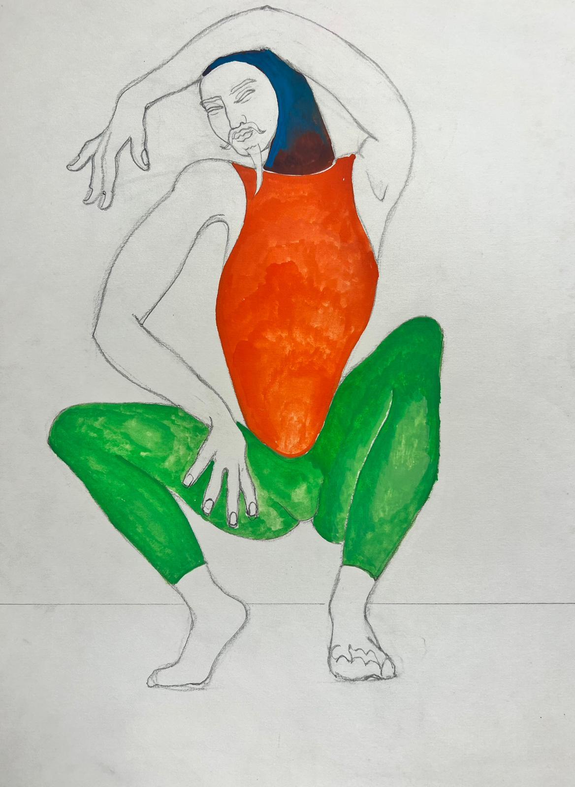Portrait Painting de Jean Marc - PINTURA MODERNISTA FRANCESA DEL SIGLO XX - Figura Estilo Yoga Pantalones Verdes