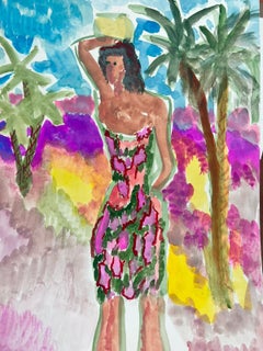 JEAN MARC (1949-2019) PITTURA MODERNISTA FRANCESE DEL XX SECOLO Ragazza tropicale