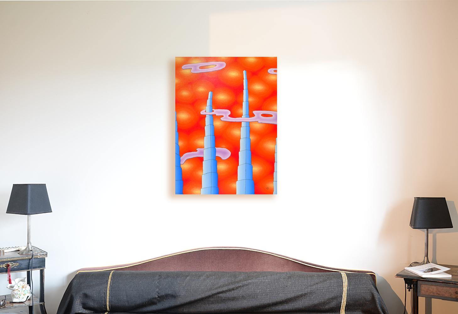Grattacieli blu su un cielo rosso con aloni gialli Pittura ad olio - Painting di Jean-Marc Boissy