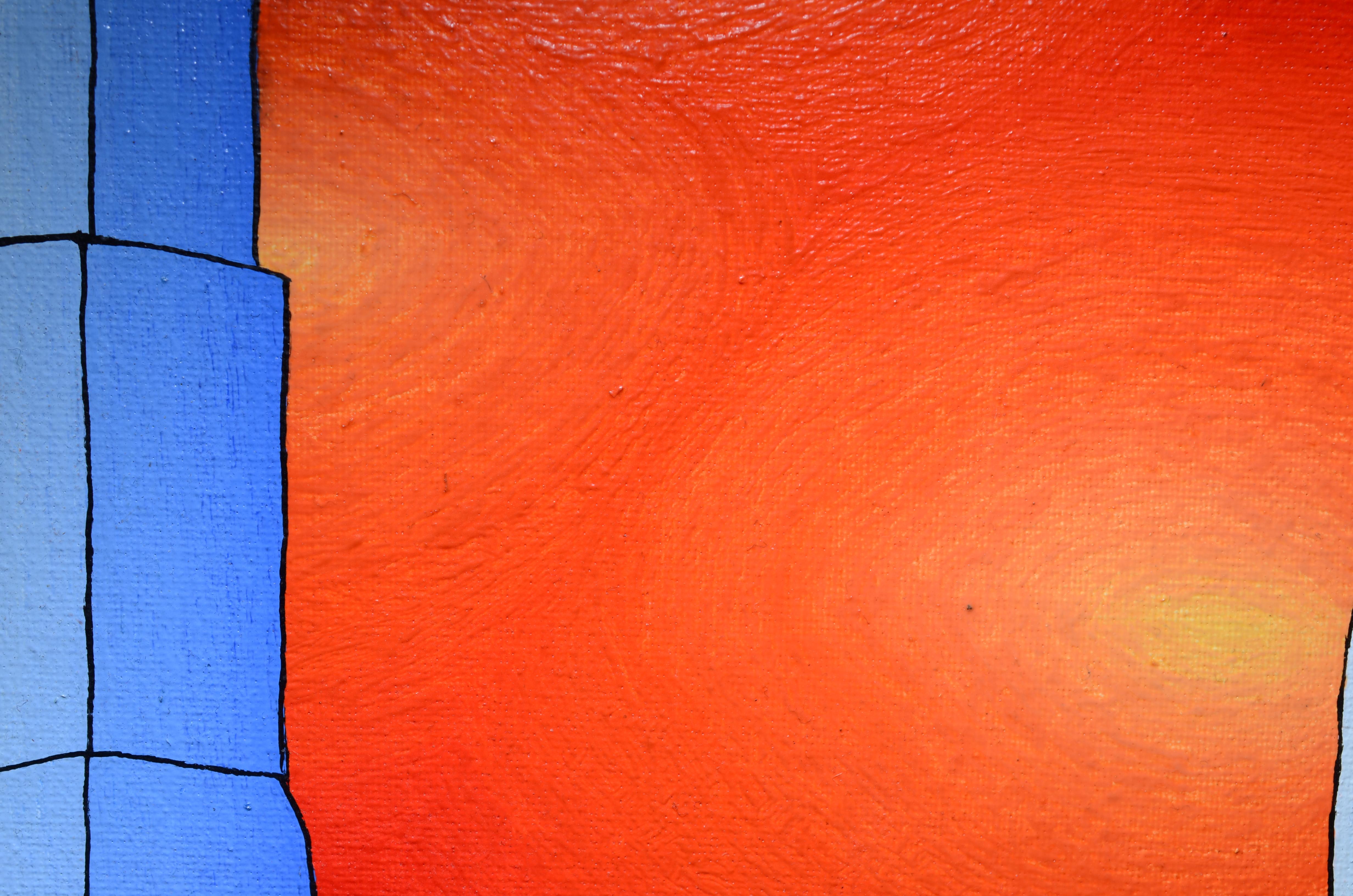 Grattacieli blu su un cielo rosso con aloni gialli Pittura ad olio - Landscape Painting Rosso di Jean-Marc Boissy