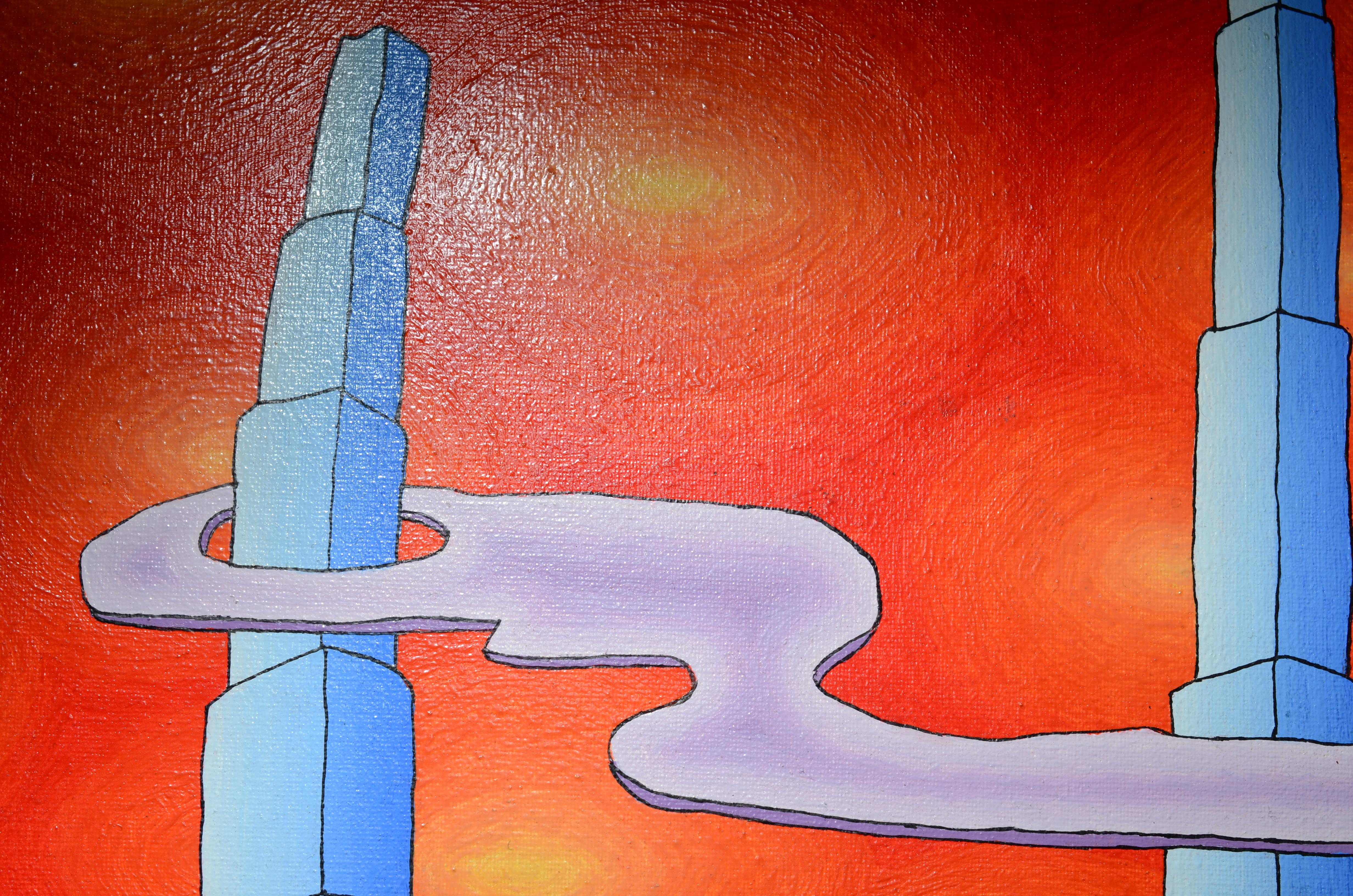 Blue Skycrapers on a Red Sky with Yellow Halos Oil Painting For Sale 2