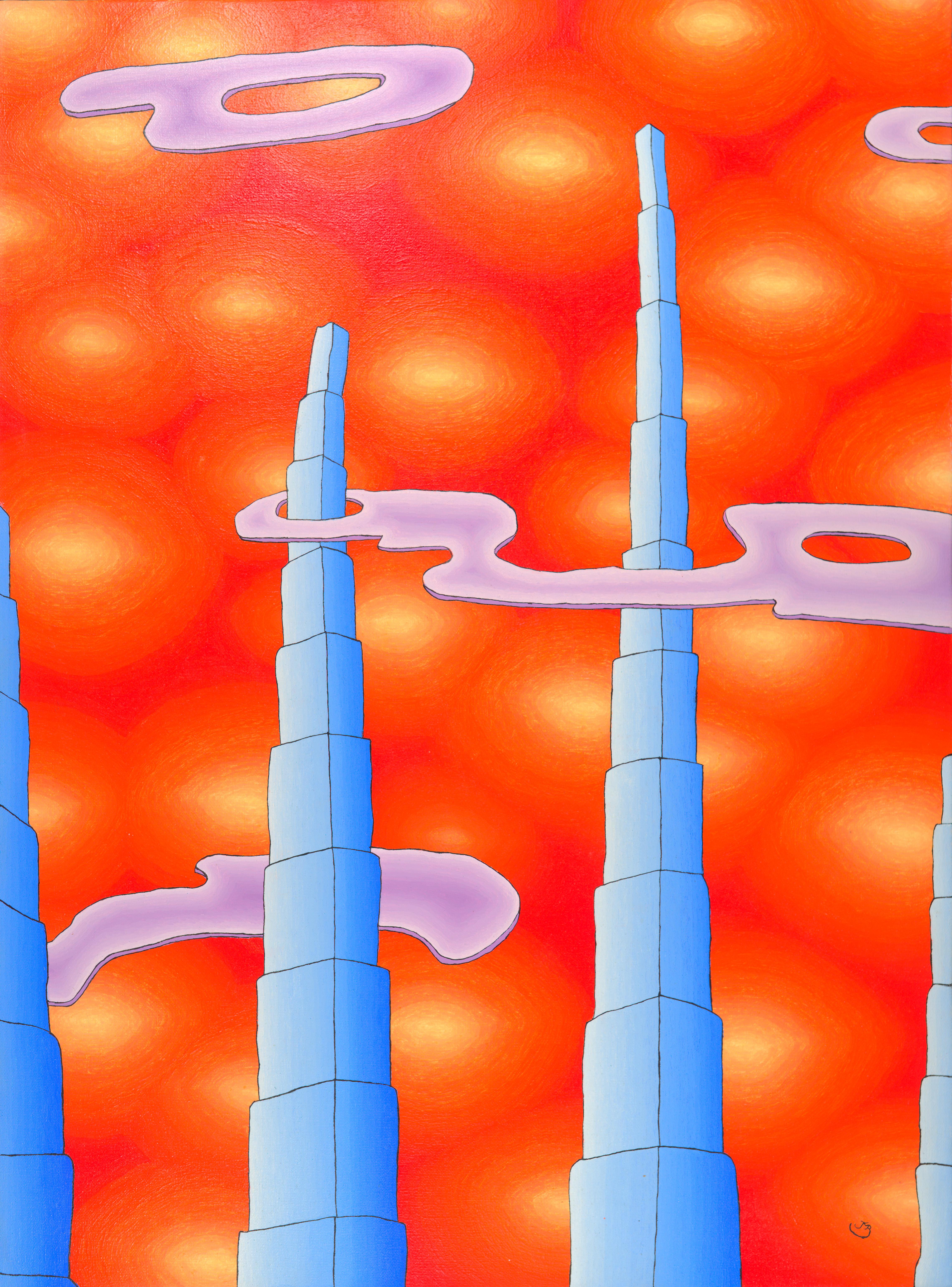 Blue Skycrapers on a Red Sky with Yellow Halos Oil Painting