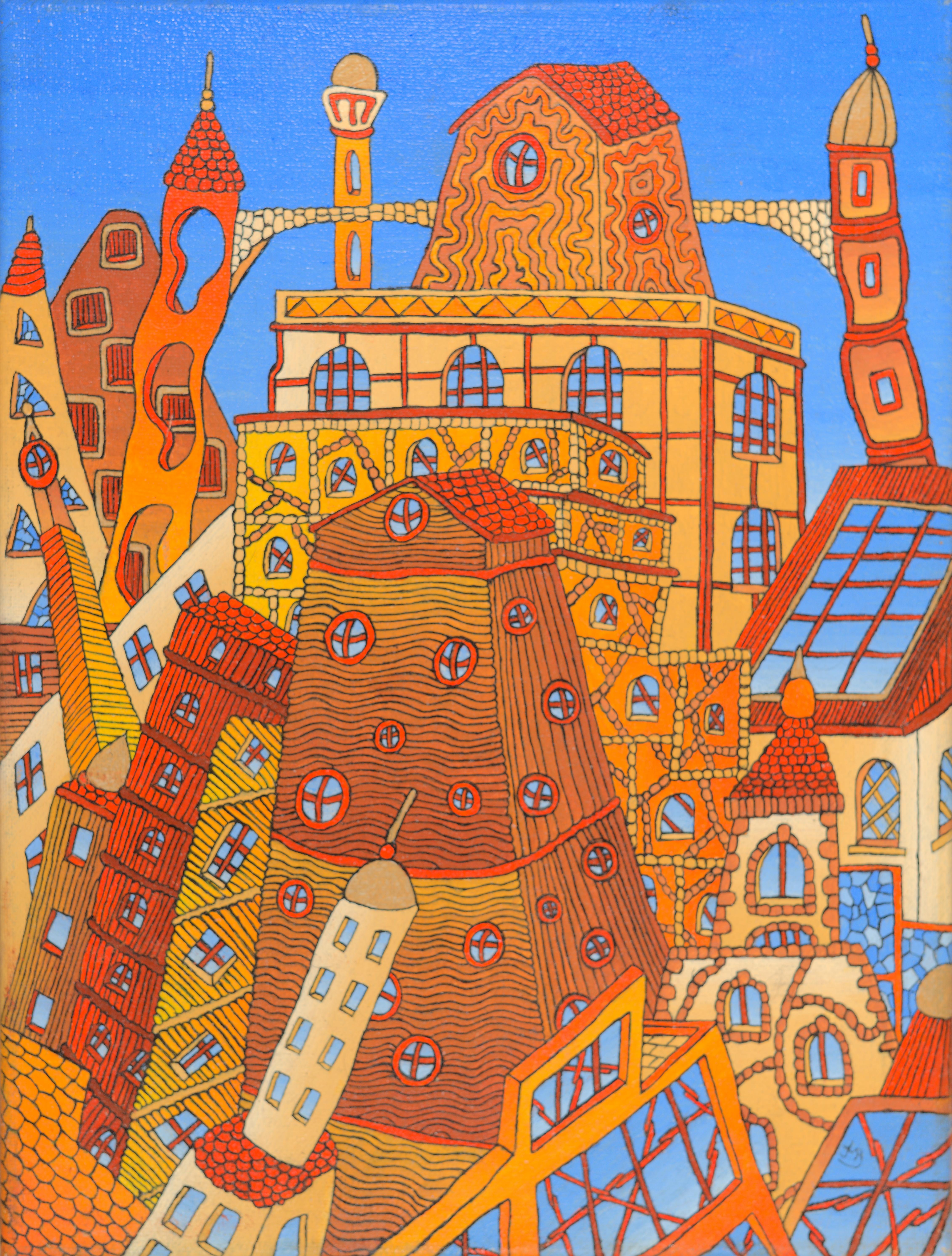 Jean-Marc Boissy Abstract Painting - Fairy Tale German-Like Houses in Town Oil Painting