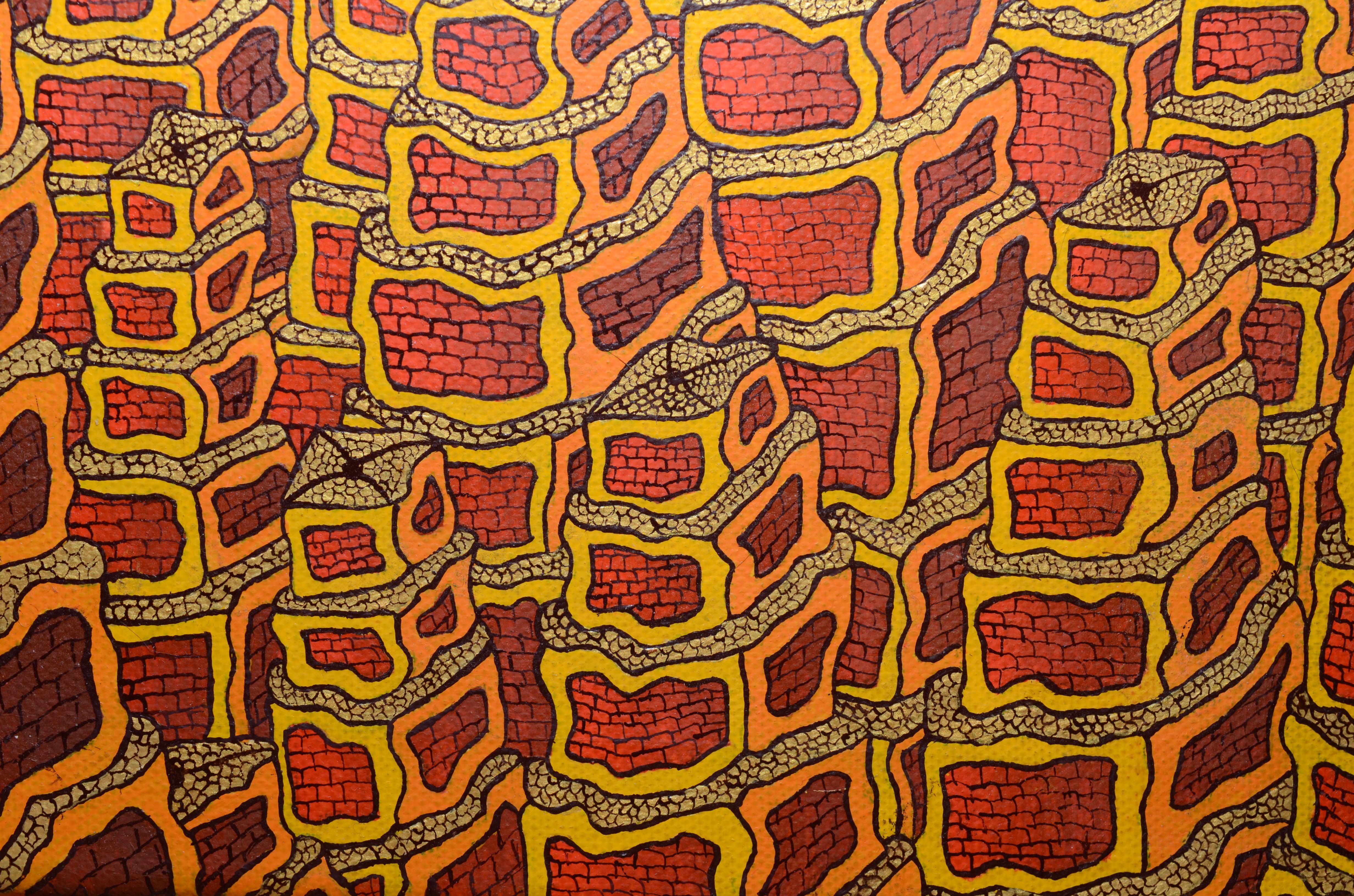 Forest of Quaking Red Brick Towers mit goldenen Roofs, Ölgemälde (Braun), Abstract Painting, von Jean-Marc Boissy