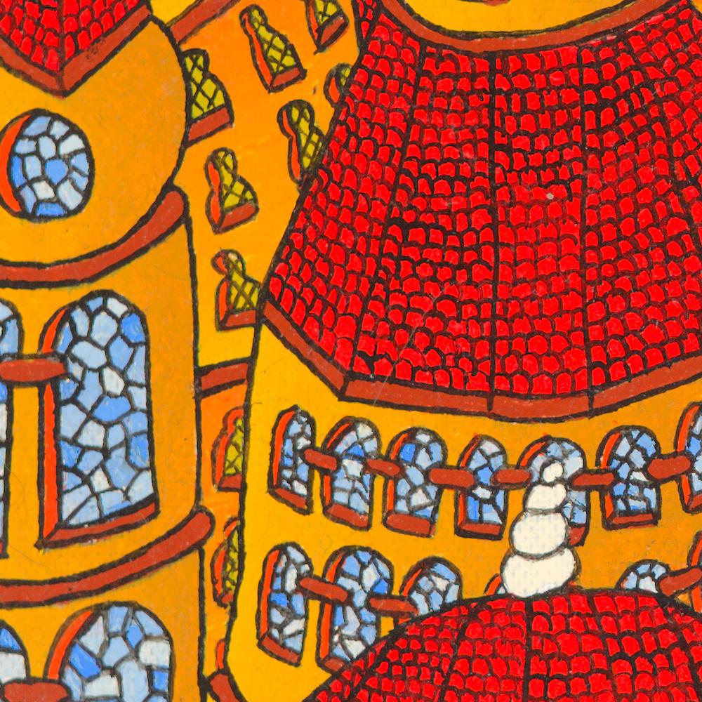 Forest of Red Dome Roofs with Stained-Glass Windows and Green Sky Oil Painting 1