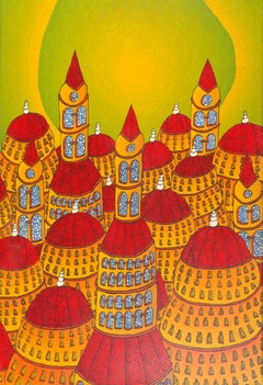 Forest of Red Dome Roofs with Stained-Glass Windows and Green Sky Oil Painting