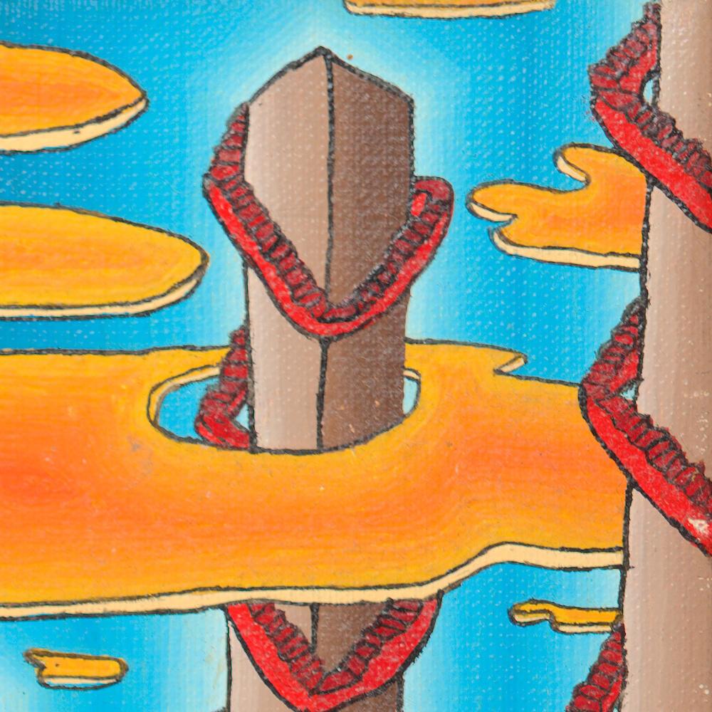 High Pyramidal Towers with Red Stairs and Orange Clouds on Blue Sky Oil Painting For Sale 4