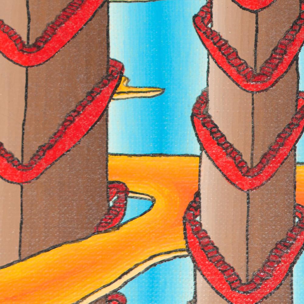 Dieses Kunstwerk zeigt sehr dünne, pyramidenförmige oder dreieckige Türme mit hellbrauner Erdfarbe, die von roten Stufen umgeben sind.  Sie scheinen auf dem blauen Himmelshintergrund zu leuchten und sind von großen flachen orangefarbenen Wolken